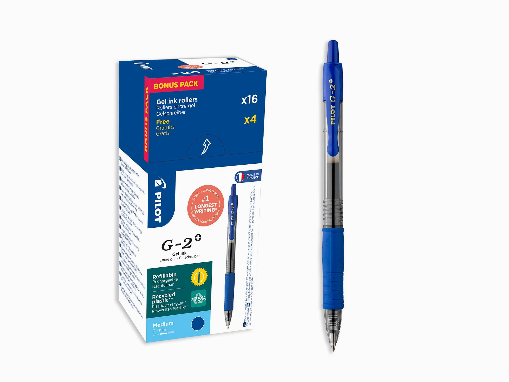 PILOT - Set di 20 G2 Plus - Penne Roller Gel Retrattili e Ricaricabili - Scrittura Confortevole - Blu - Punta Media