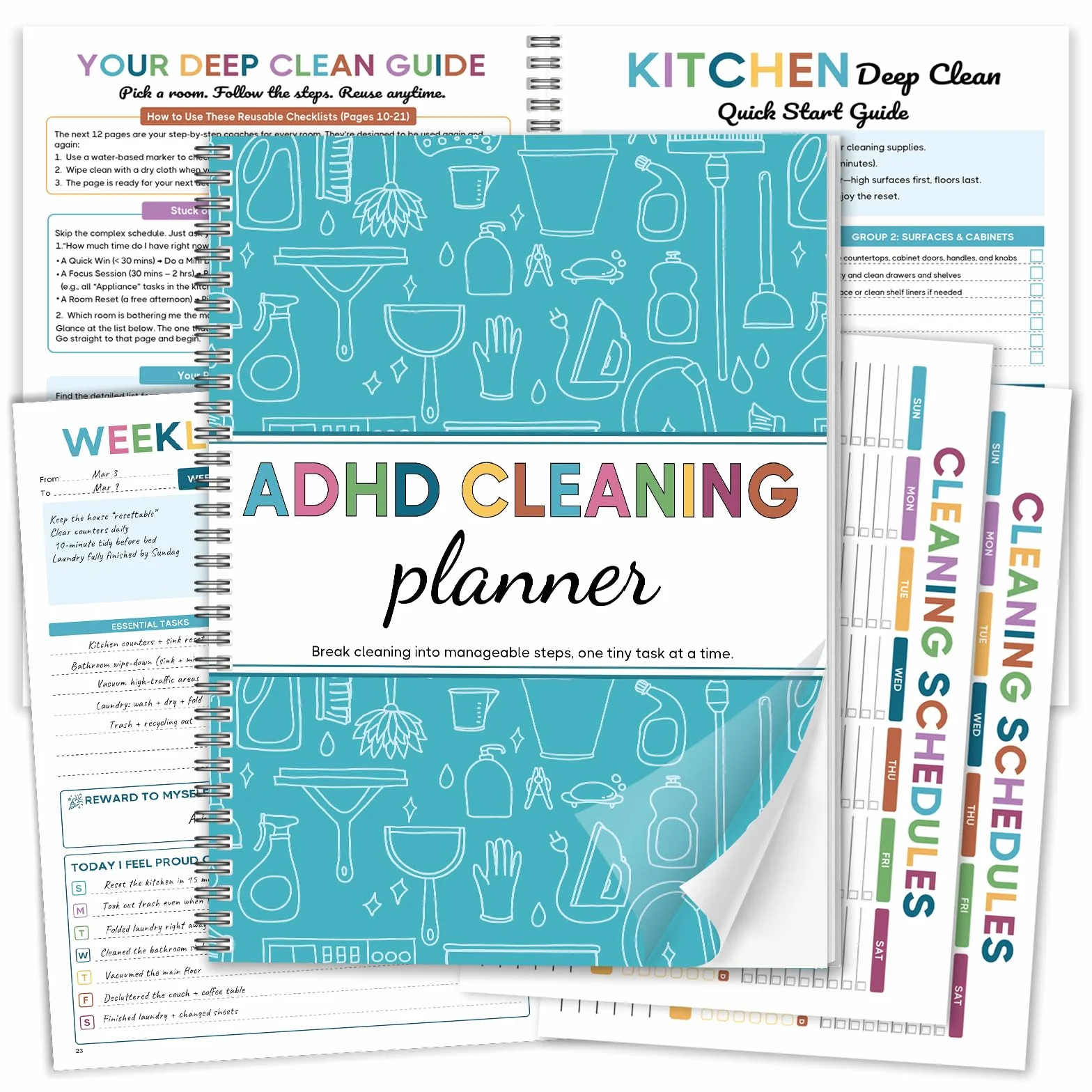 Agenda per la pulizia ADHD per adulti, edizione con copertina blu, non datata, giornaliera, settimanale, mensile, trimestrale, annuale, lista di controllo delle faccende domestiche, quaderno a spirale