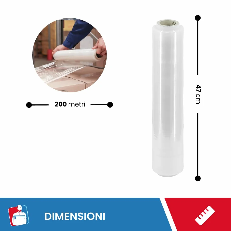 Film Estensibile Imballaggio Trasparente 1 Rotolo 200Mt x 47H cm Extra Resistente per Spedizioni e Trasloco