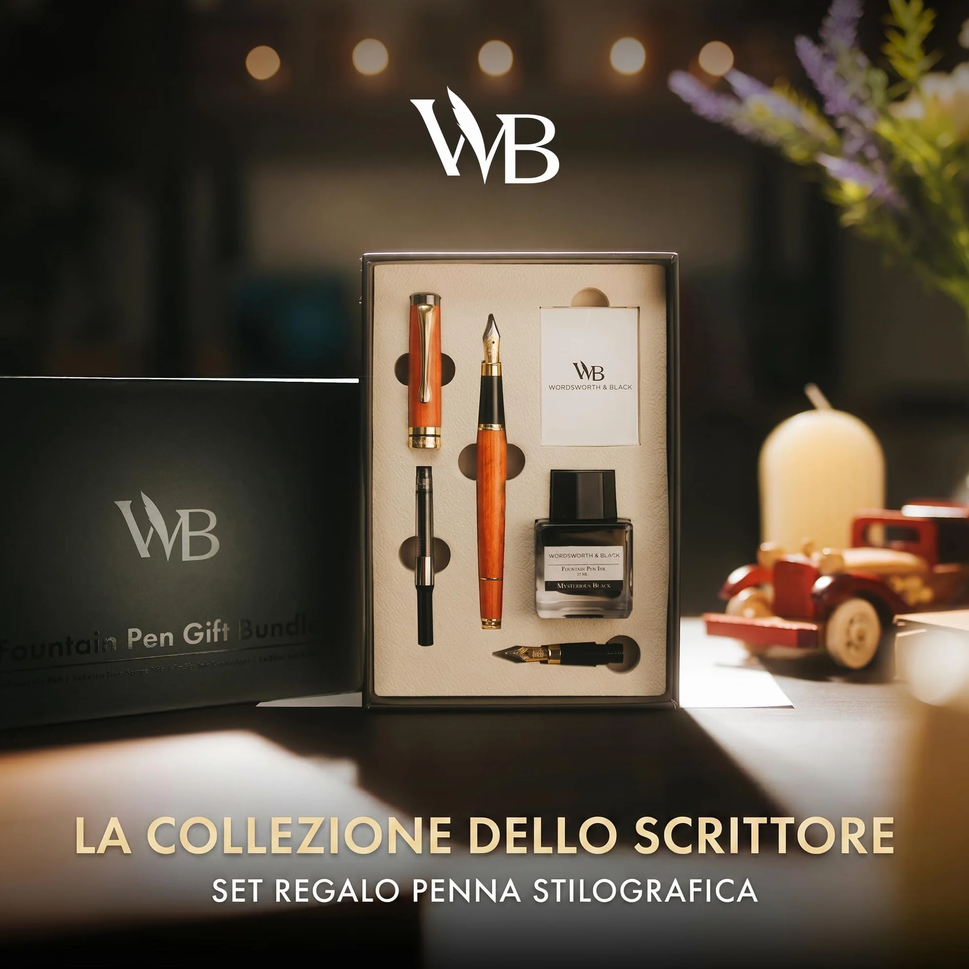 Wordsworth & Black's Set di Penne Stilografiche Lusso Legno di Bambù Pennino Medio Pennino Extra Fine Custodia Regalo Boccetta di Inchiostro Nero da 25ML 6 Cartucce di Inchiostro [Legno di Ciliegio]