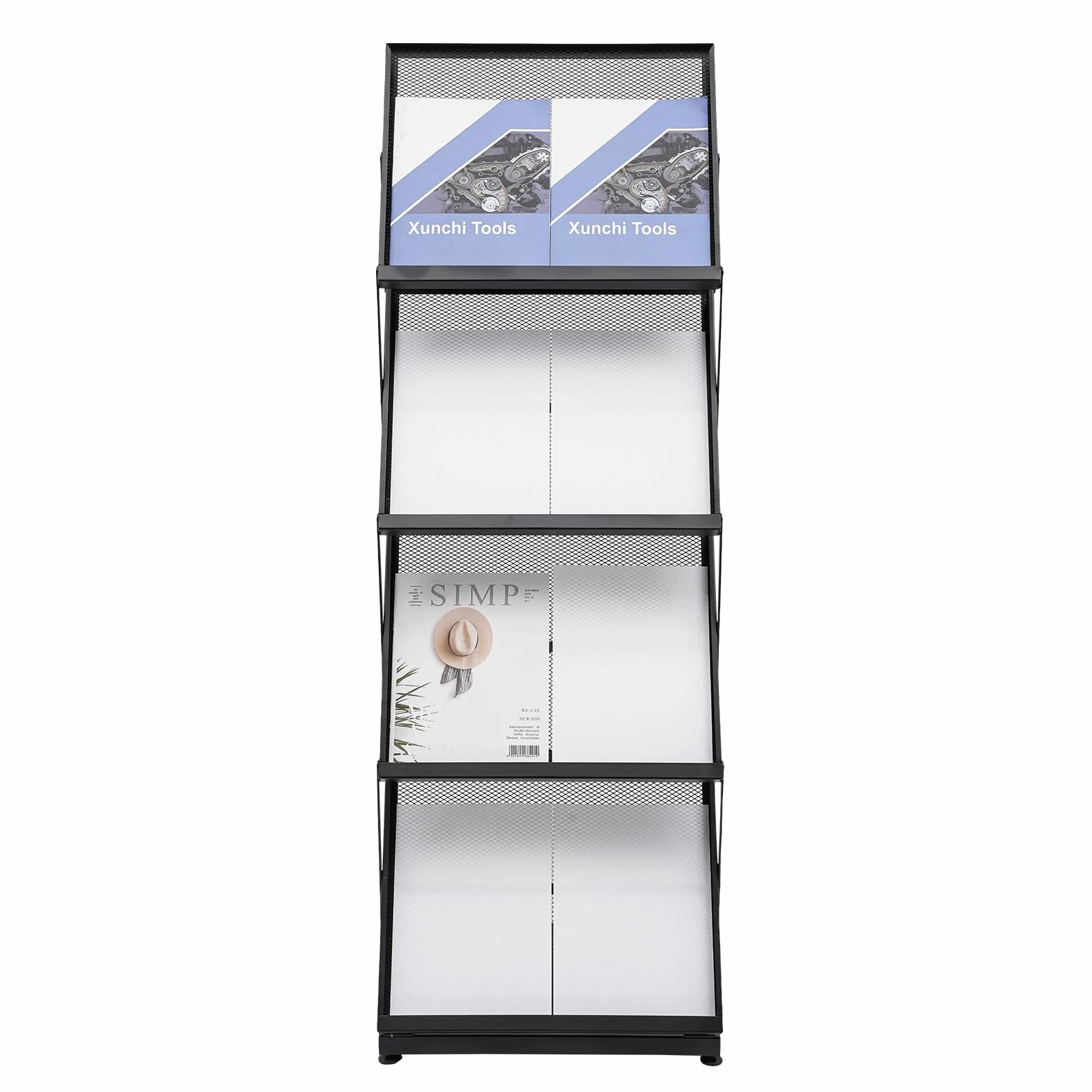 Espositore pieghevole A3 4 livelli nero 46x37x132cm, struttura in ferro antiruggine, capienza elevata per casa, ufficio e fiere