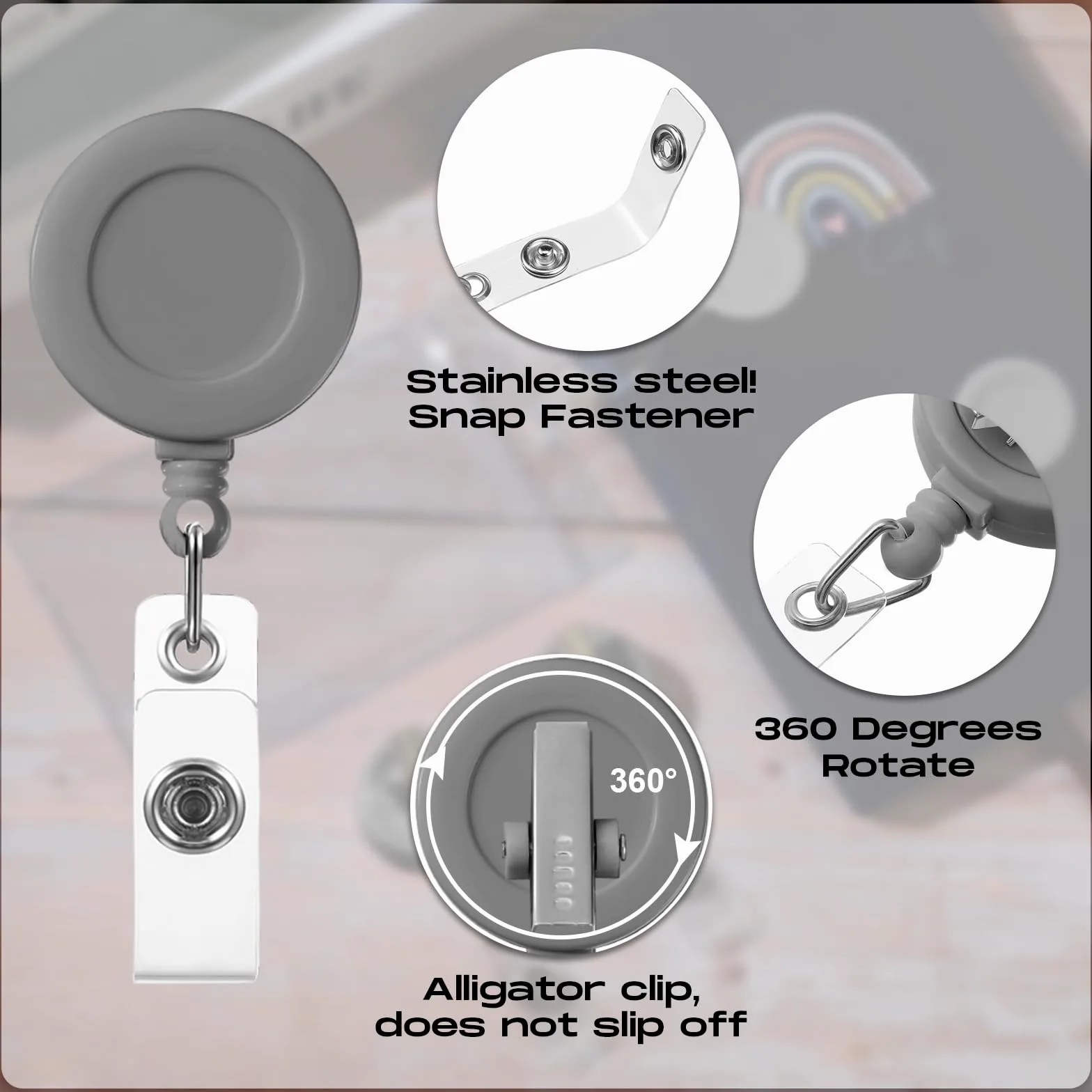 Zonon 50 bobine porta badge retrattili con clip a coccodrillo girevole, porta carte d'identità, porta badge, clip per studenti, insegnanti, impiegati (grigio)