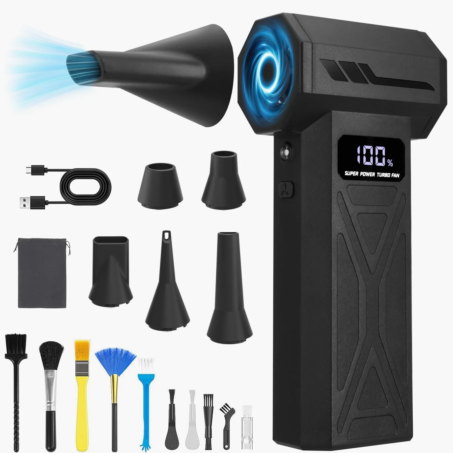 Aria Compressa Elettrico 4 Velocità – Soffiatore Portatile 4000 mAh con LED | Velocità Max 110.000 RPM, Autonomia 20-60 min, 5 Ugelli + 10 Spazzole, Ricarica Rapida 2,5 ore, per PC/Auto/Divani/Tastiere