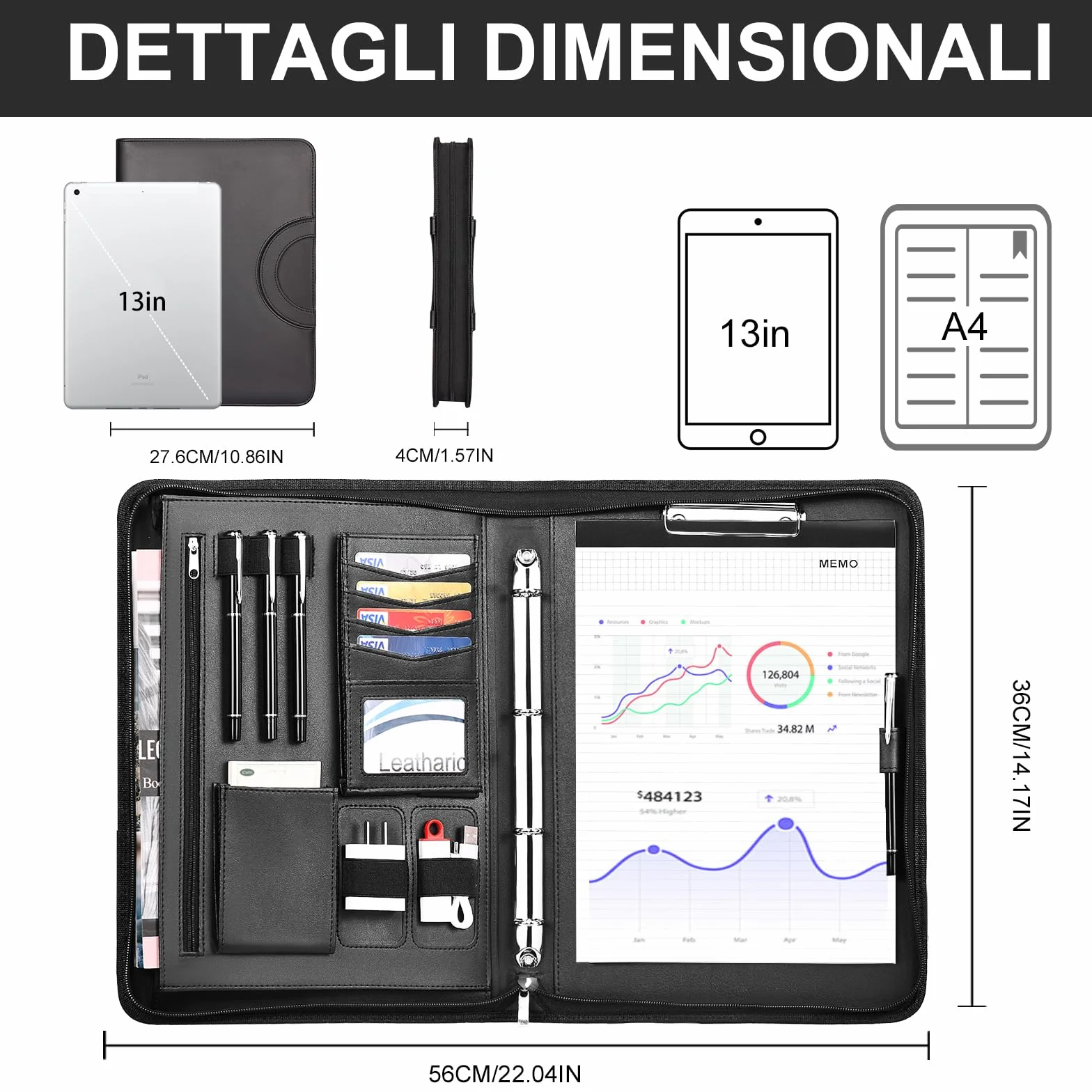 Leathario Cartella Portadocumenti A4 Pelle Vegana con Maniglia Quaderno Raccoglitore ad Anelli per Colloqui Viaggi Riunioni