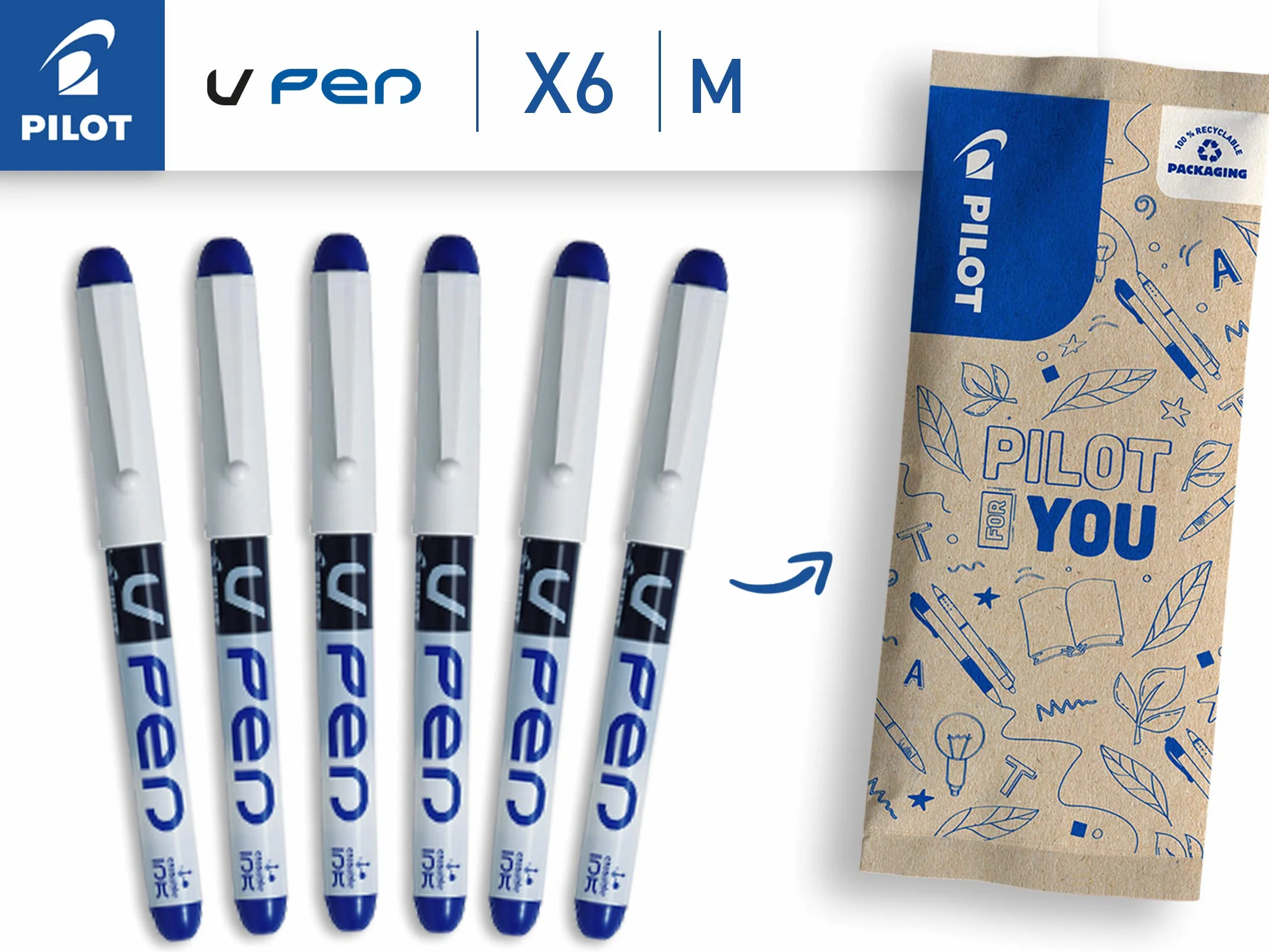 PILOT Set di 6 Penne Stilografiche V-Pen Inchiostro Cancellabile Pennino in Acciaio Blu