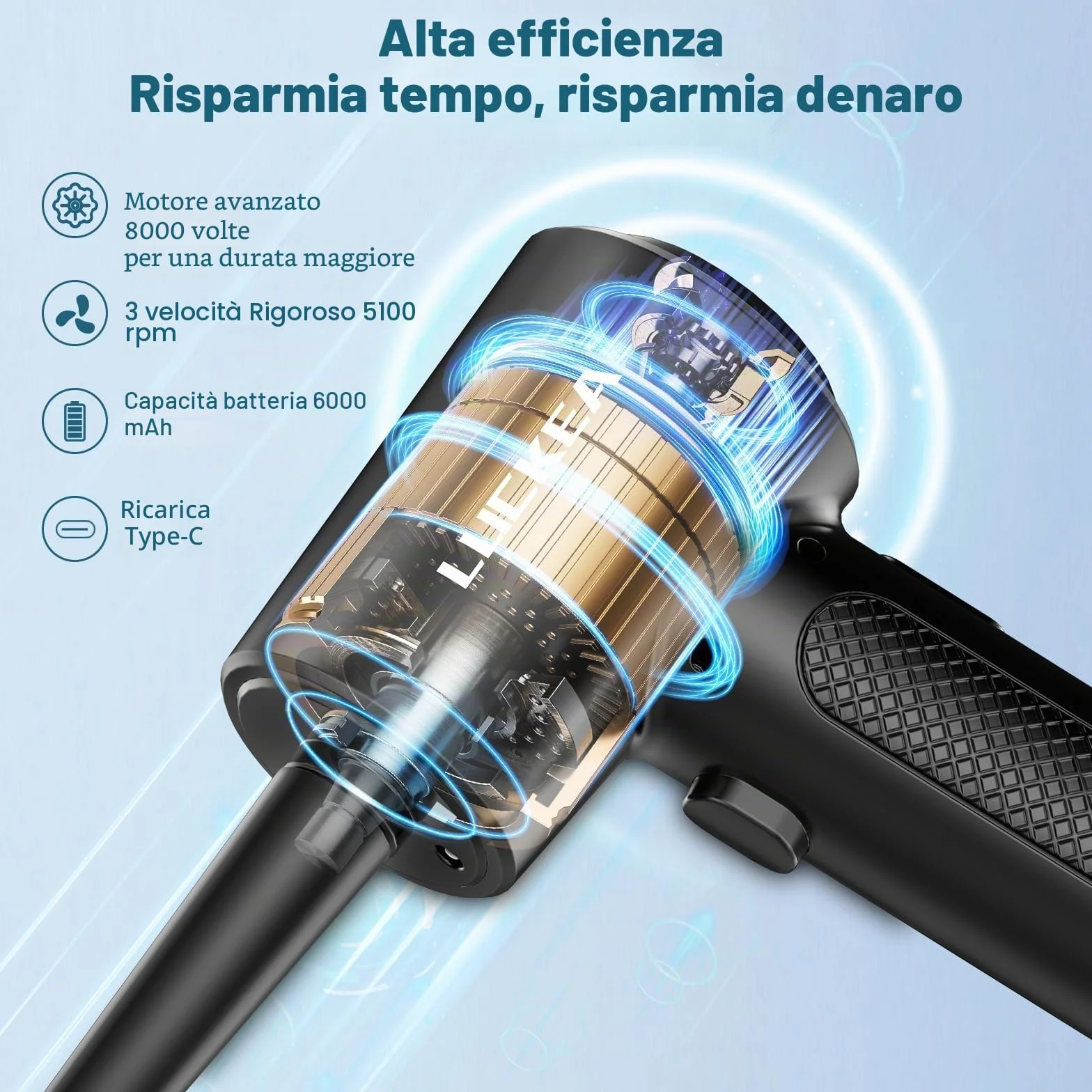 LUCKEA Aria Compressa Elettrico Rimuovi Polvere - 3 Velocità Air Duster Mini Soffiatore Aspiratore a Batteria 6000 mAh, Kit Pulizia PC Tastiera Auto, Alternativa Allo Bomboletta Aria Compressa Spray