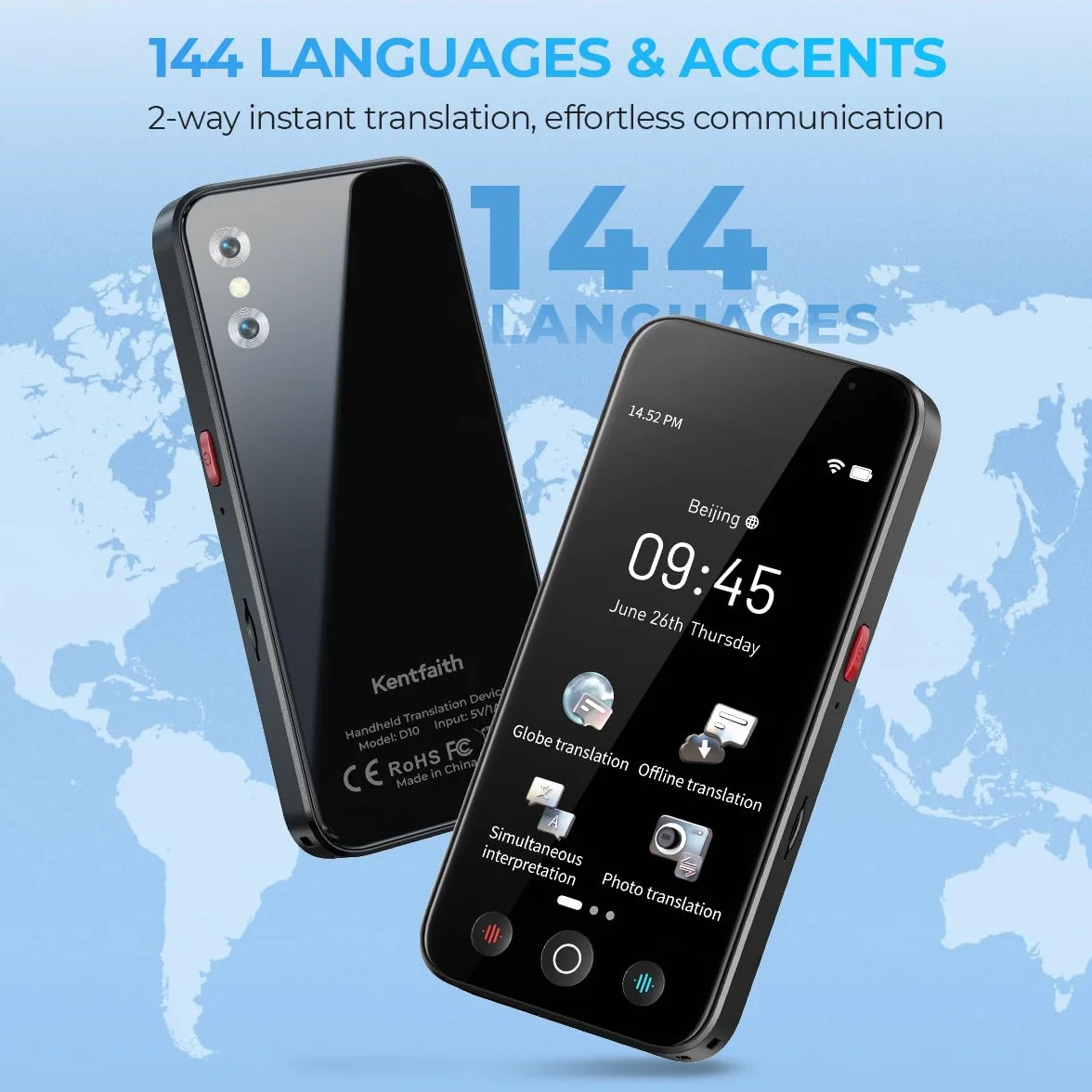 kentfaith Traduttore Vocale AI, 144 Lingue Online / 19 Offline, Traduzione Istantanea 0,2s, 98% Precisione, Touchscreen 5", Fotocamera 8MP, Foto/Testo/Voce, Viaggi/Studio/Affari -128G