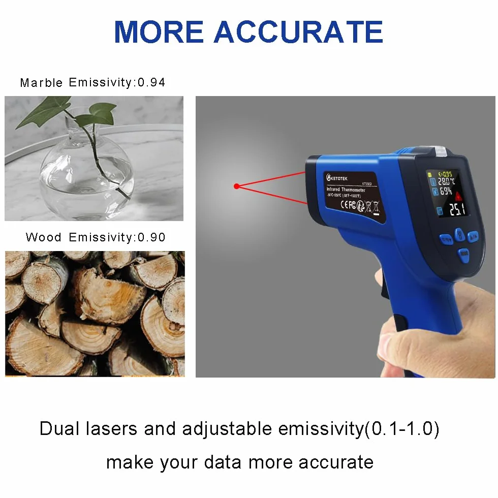 KETOTEK Digitale Termometro a Infrarossi Pistola Laser Doppio Senza Contatto -50~550℃ con K Termocoppia Umidità NCV Rilevamento Tensione CA