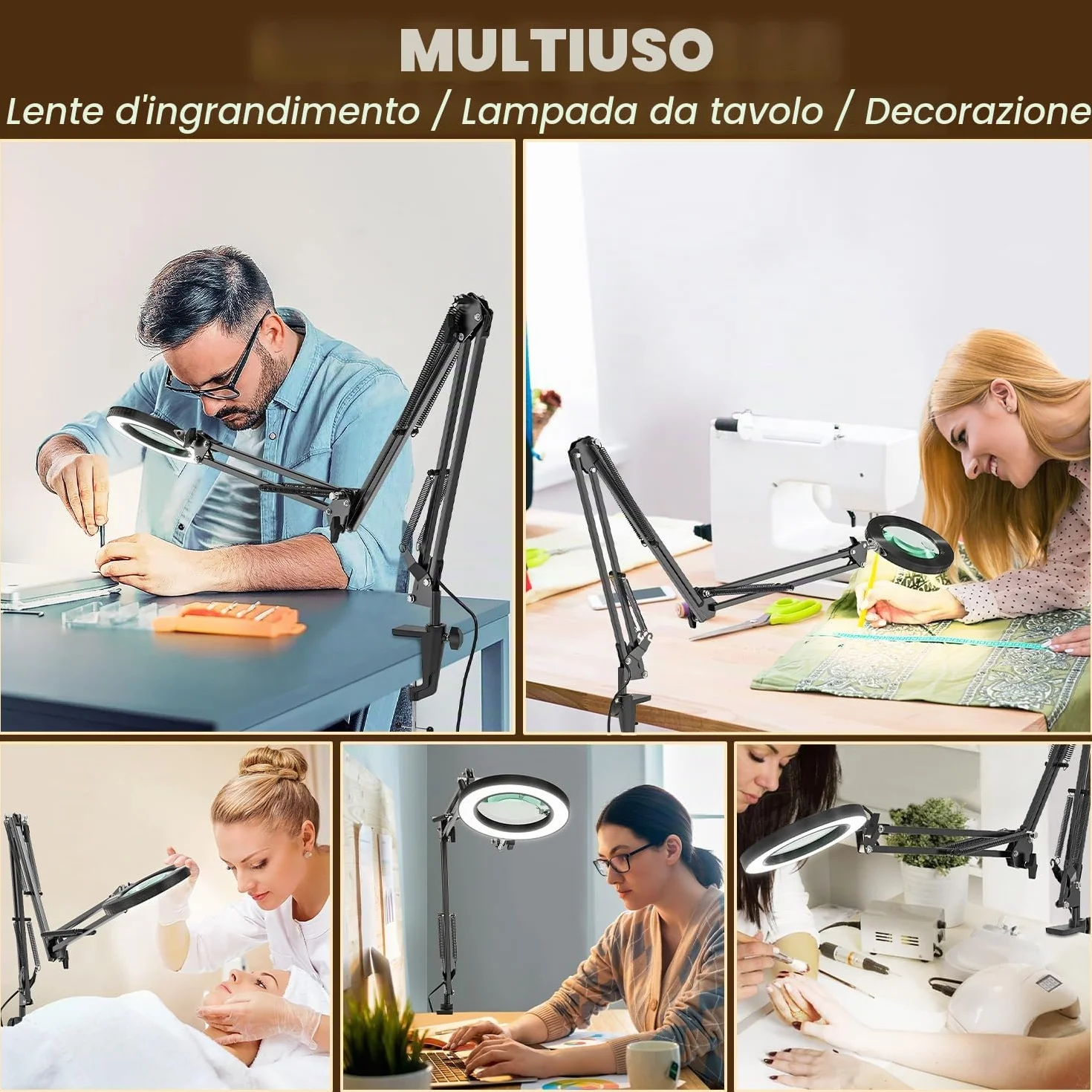 Lampada con Lente d'Ingrandimento, 10X 15X Lente d'ingrandimento con Luce e Supporto con 3 Braccio Orientabile, Lampada da Tavolo con 72 LED Dimmerabili per Lettura, Riparazione, Lavoro Manuale