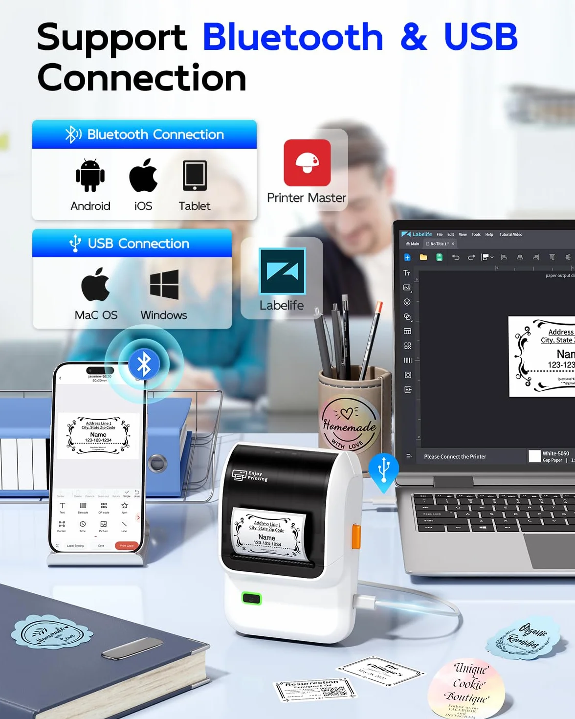Stampante per etichette, etichettatrice Bluetooth M100, autoadesiva, con etichette, stampante termica per vendita al dettaglio, codice a barre, indirizzo, abbigliamento (White)
