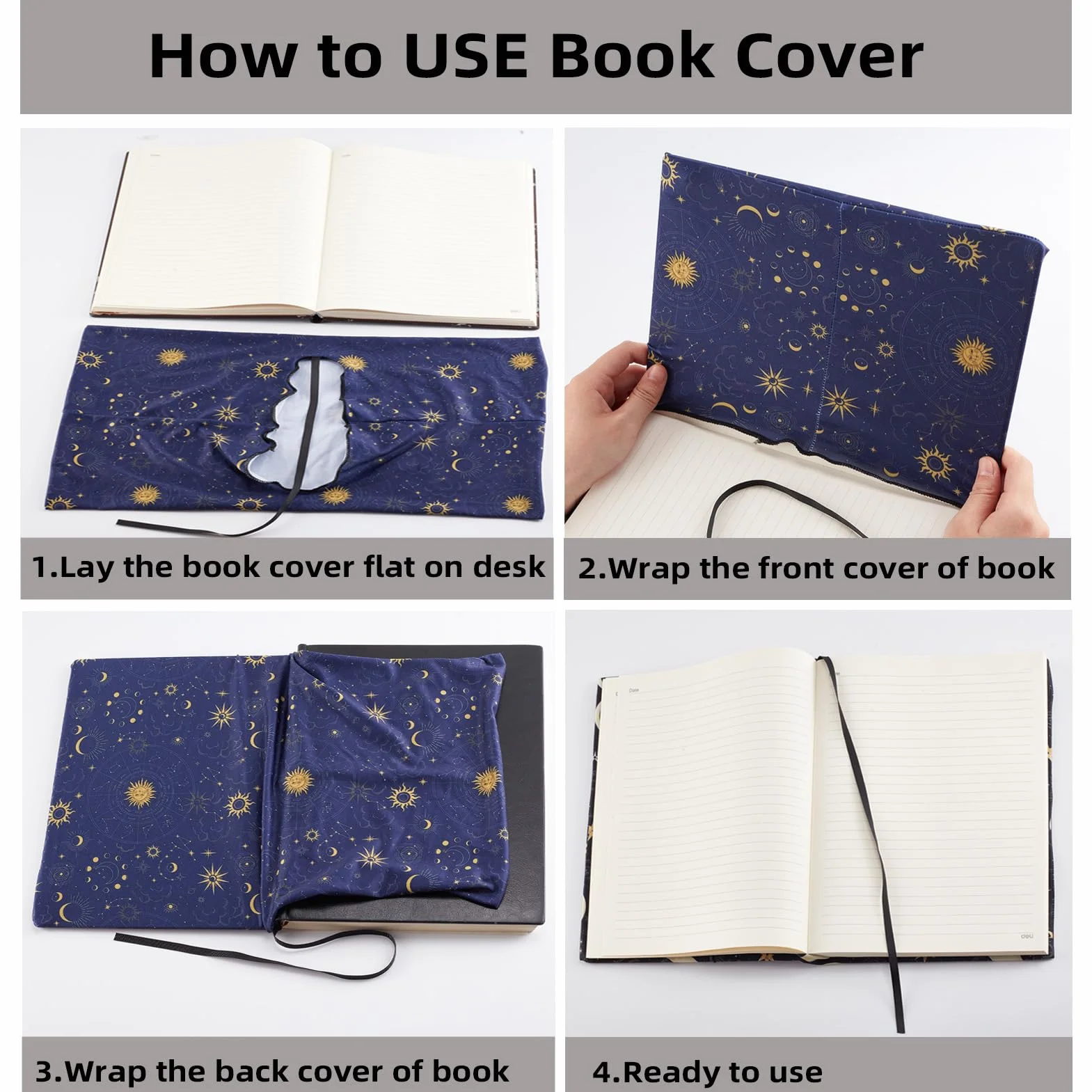 NICENEEDED Copertina Estensibile per Libri, Custodia per Libro Stella Luna Blu Navy