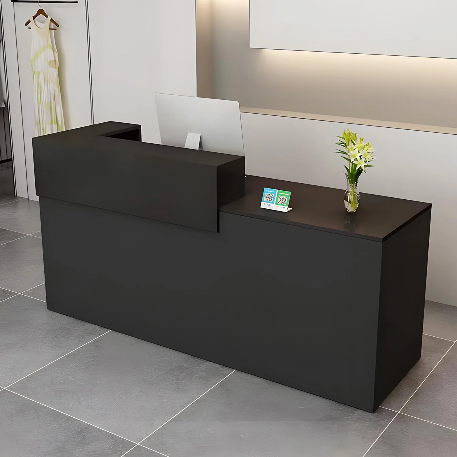 Bancone Reception Moderno in Legno con Ripiani e Cassetti, 100–180 cm Bancone Negozio, Bancone da Accoglienza per Ufficio, Salone, Negozio, Hotel, Studio Professionale Nero/Sinistra 160x100x60cm