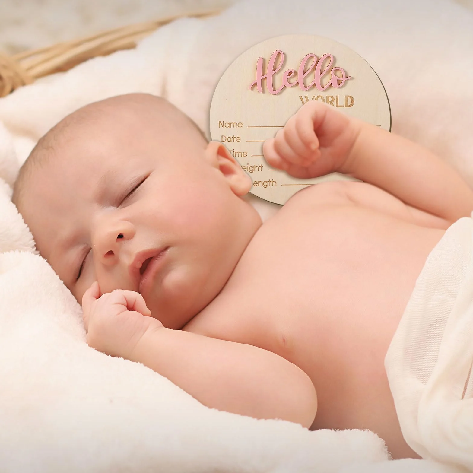 Cartello Annuncio Bambino in Legno 15cm Hello World Carte Milestone Neonato Rosa Chiaro