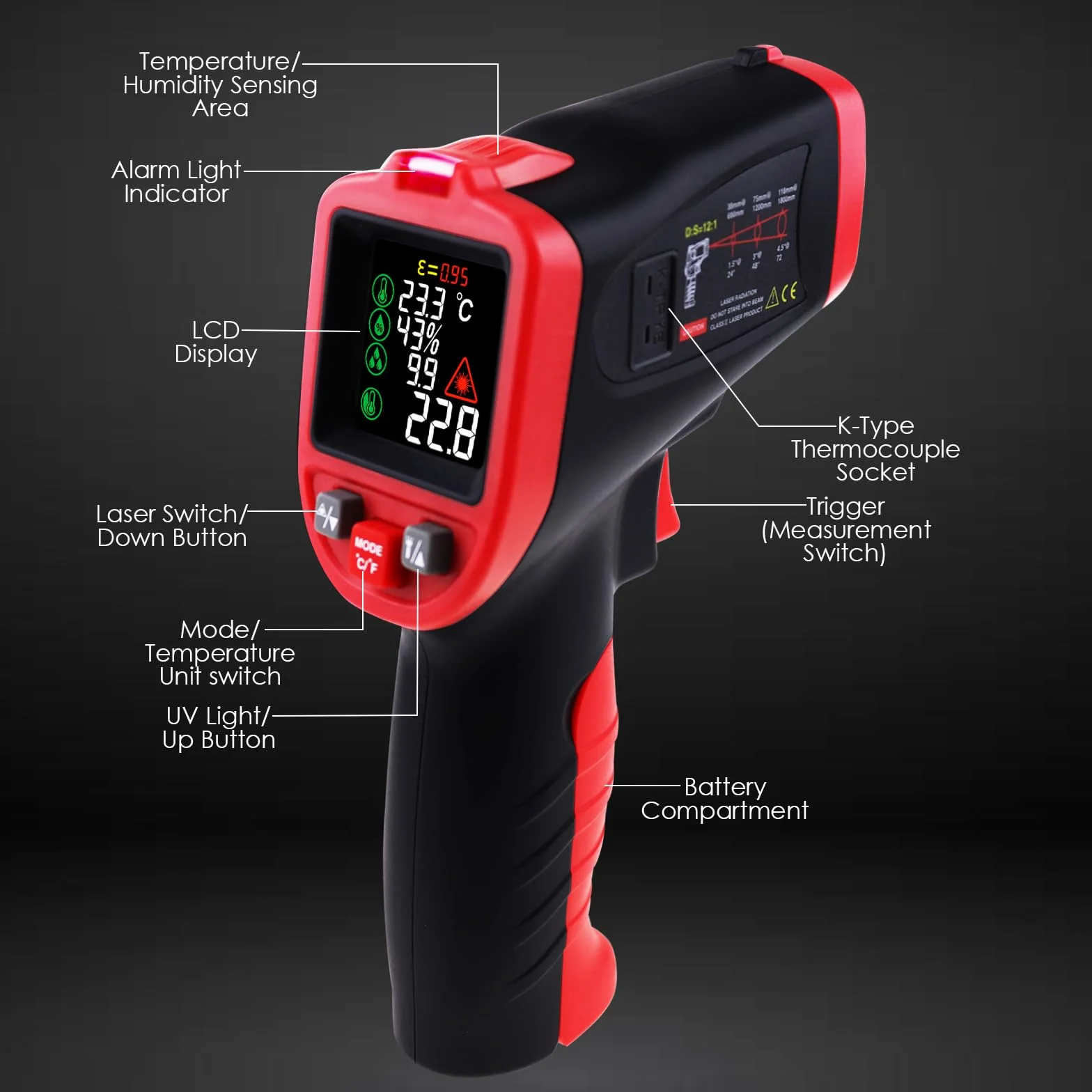 Termometro a Infrarossi Senza Contatto -50~850°C Puntamento Laser Sonda Termocoppia Tipo K Rilevamento UV