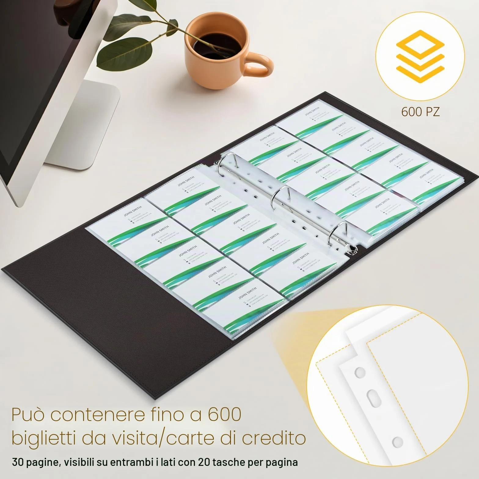 Album Portabiglietti da Visita 600 Carte A4 in Pelle PU, Anelli Caricamento Laterale, Nero | Organizzazione Ufficio