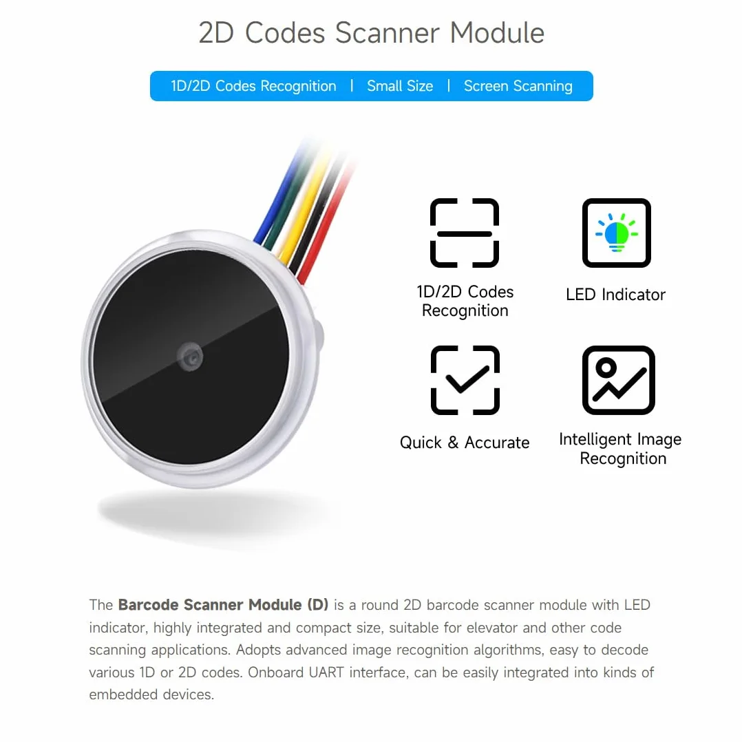Waveshare Circular 2D Codes Scanner Module, Barcode/QR code Reader, with LED Indicator, Small Size, Easy to Integrate, Suitable for Elevator & Other Code Scanning Applications