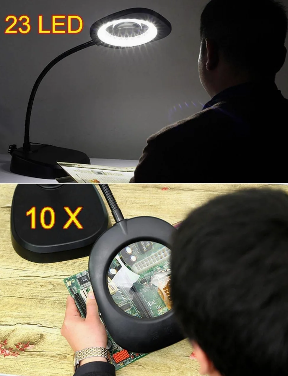 Lente d'Ingrandimento a LED 10X con Lampada: Lente illuminata a Luce Diurna, Luce d'Ingrandimento Multiuso, Altezza Regolabile per la scrivania.,