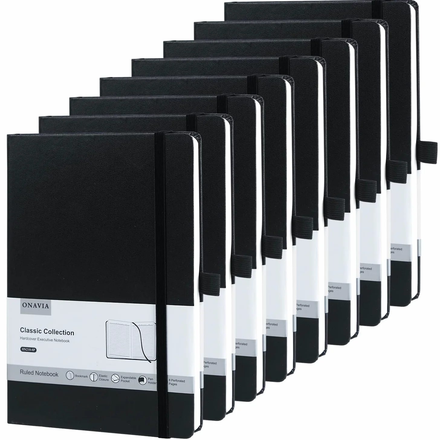 ONAVIA Taccuino a Righe A5 Copertina Rigida, 160 Pagine, Set 8, Nero | 14 x 21 cm, 100 g/m², Classico Quaderno Appunti di Linea, Tasca Interna, Chiusura ad Elastico, Portapenne