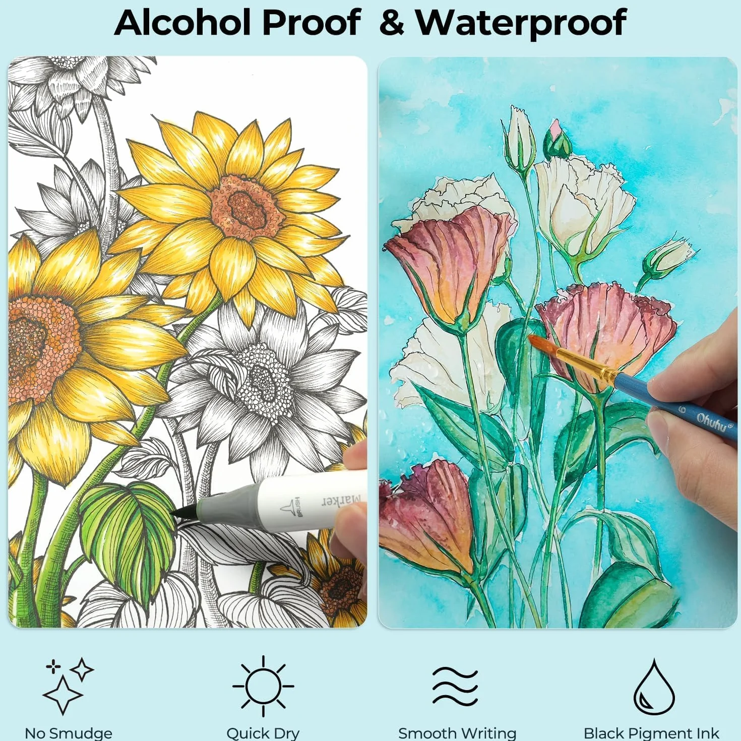 Ohuhu Pennarelli Punta Fine Liquidi, 9 Misure - Inchiostro Resistente All'Acqua e All'Alcool, Penne Micro Fineliner per Scrittura Liscia Sketching Journaling Anime