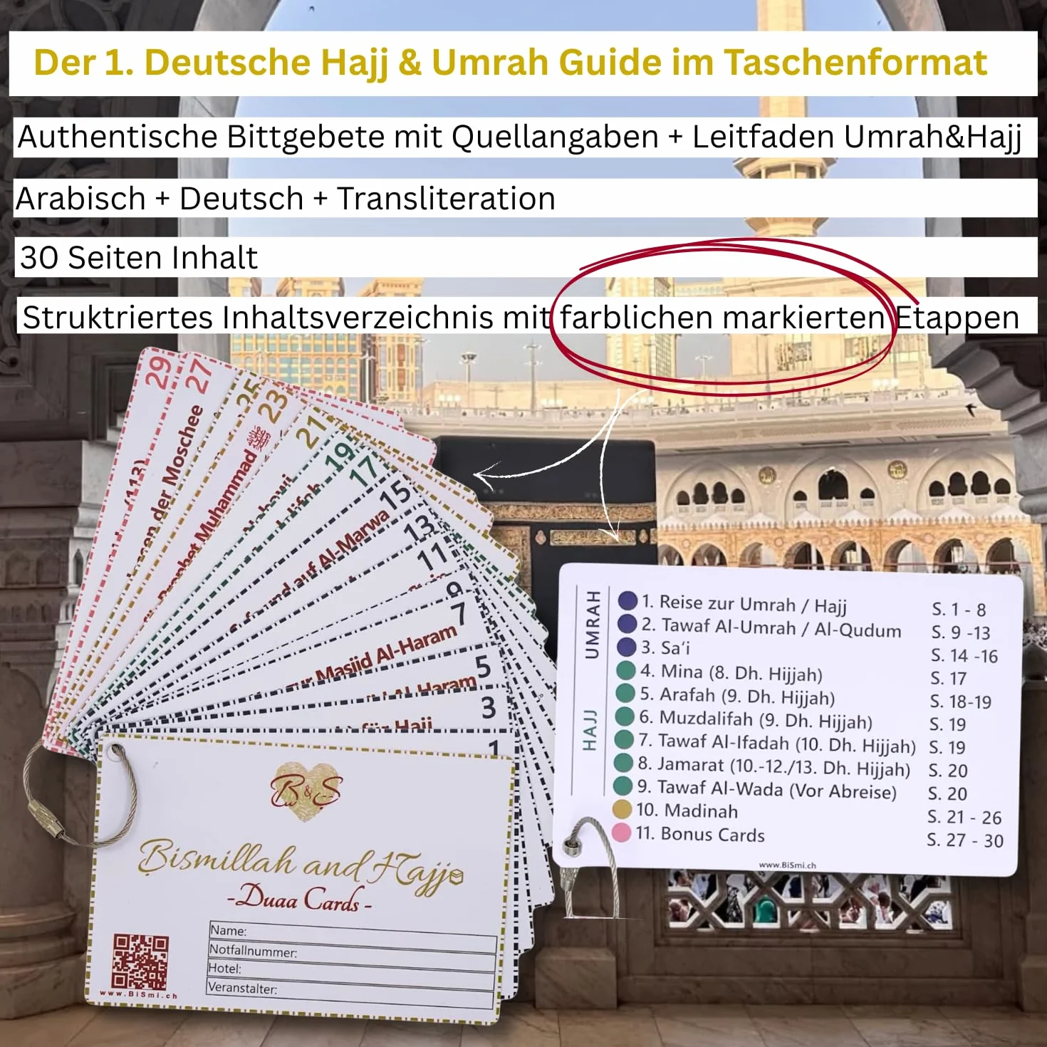 Bismillah and Hajj Duaa Cards & Guide per Hajj e Umrah con Supporto per Badge Argento