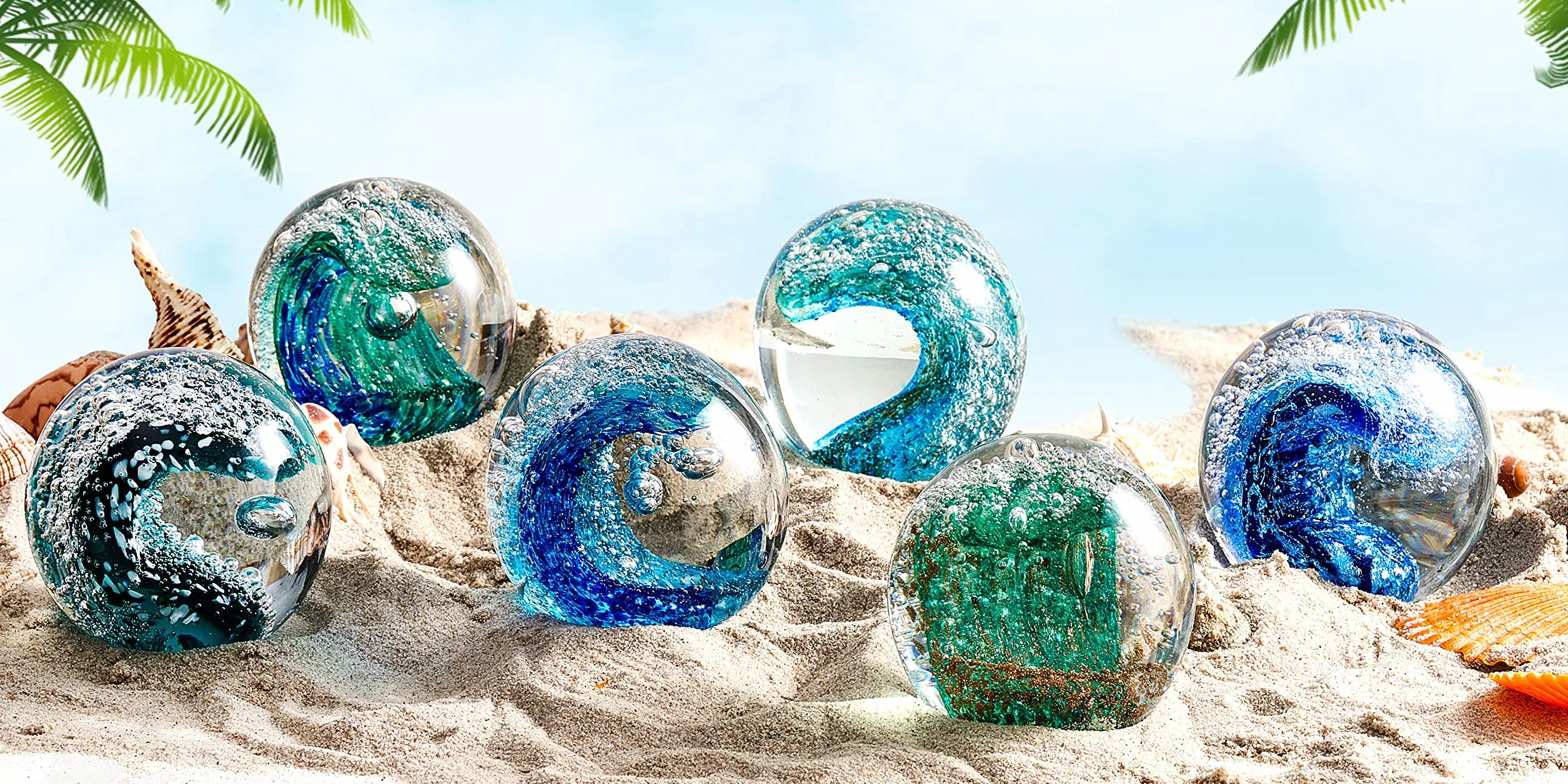 EUSTUMA Statuette in vetro soffiato a mano con onde oceaniche, fermacarte in vetro per scrivania, decorazione per la casa da collezione, per acquario e ufficio