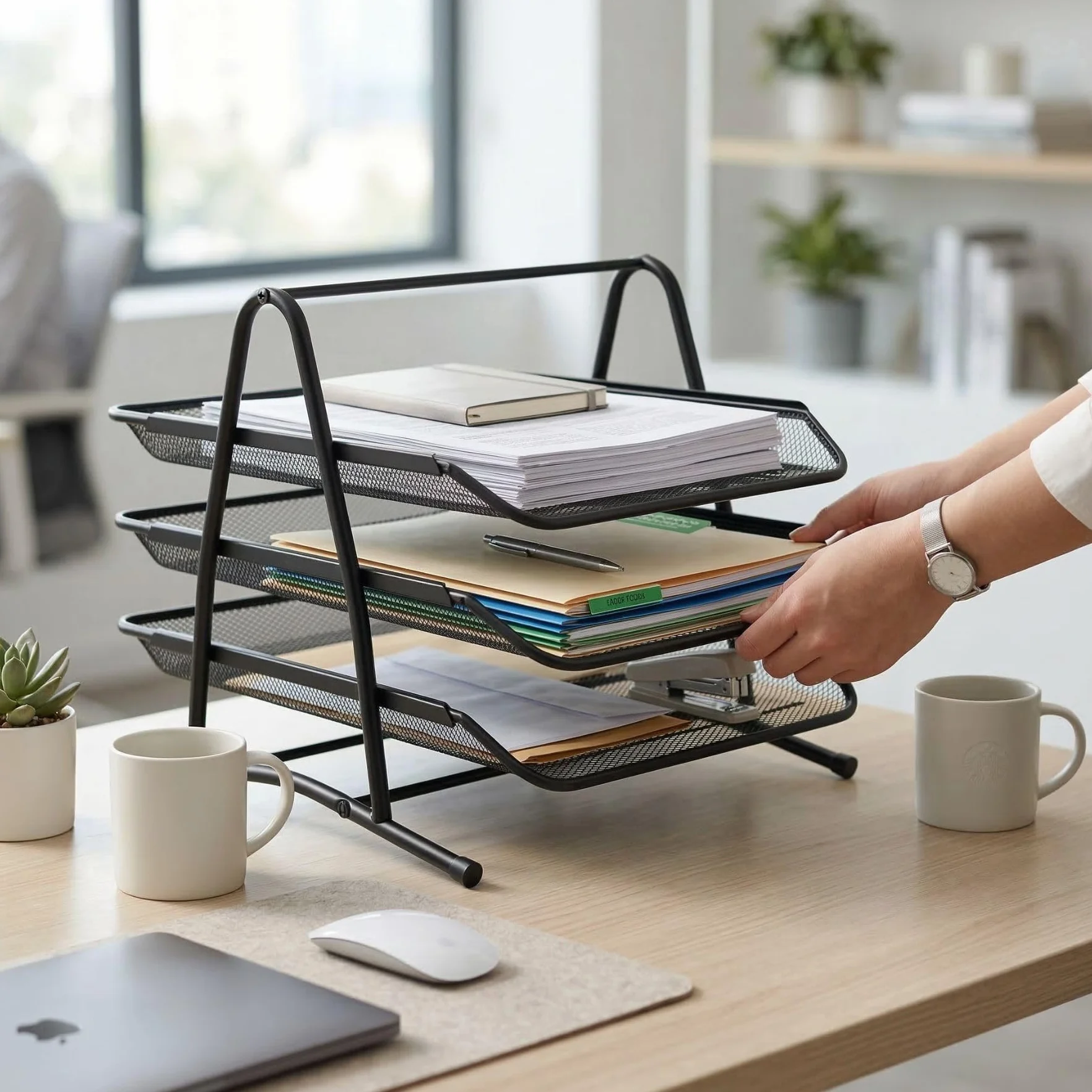 D.RECT KOMO Portadocumenti da Scrivania 3 Scomparti Metallo Rete Organizer A4 Estraibile 350x297x275 mm