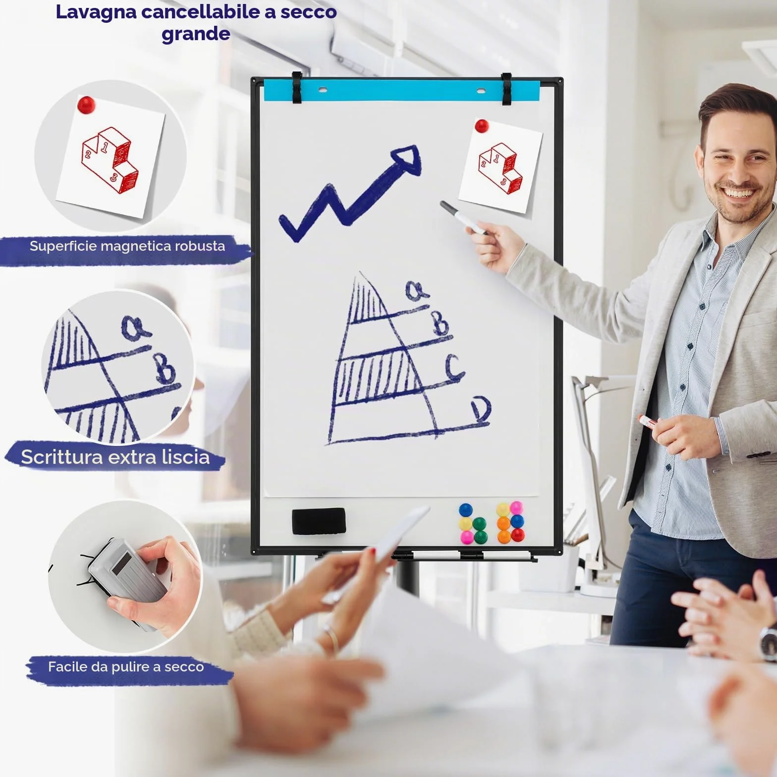 GYMAX 100 x 65 x 132-192 cm Lavagna Bianca a Secco Mobile, Lavagna Magnetica con Ruote e Supporto Regolabile in Altezza, 1 Cancellino,12 Magnetici, 25 Fogli di Carta, 6 Penna, 2 Graffette (Nero)