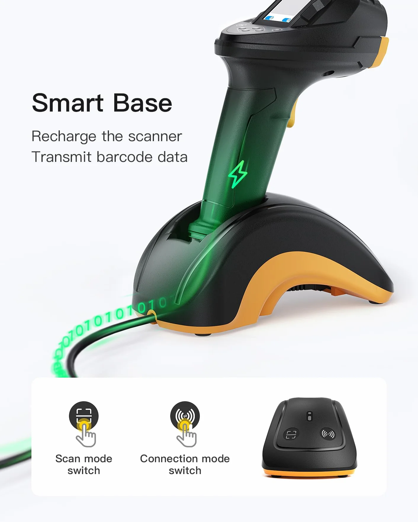 Inateck Scanner Codici a Barre Wireless 2D con Schermo, Doppio Sensore CMOS e CCD per Codici Lunghi e Sfocati, Lettore QR Bluetooth con Base di Ricarica, Tastiera per Impostazioni, Supporta App SDK