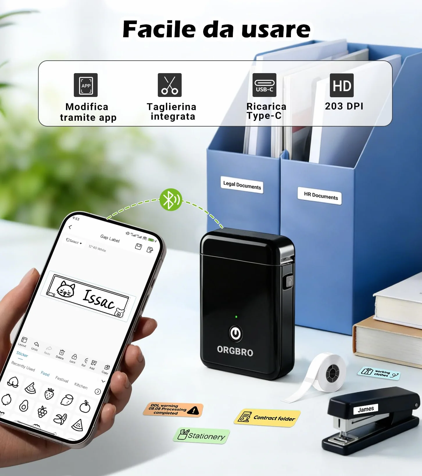 ORGBRO X1 Etichettatrice Termica Portatile Bluetooth Stampante Etichette Adesive Senza Inchiostro Compatibile iOS Android Nero