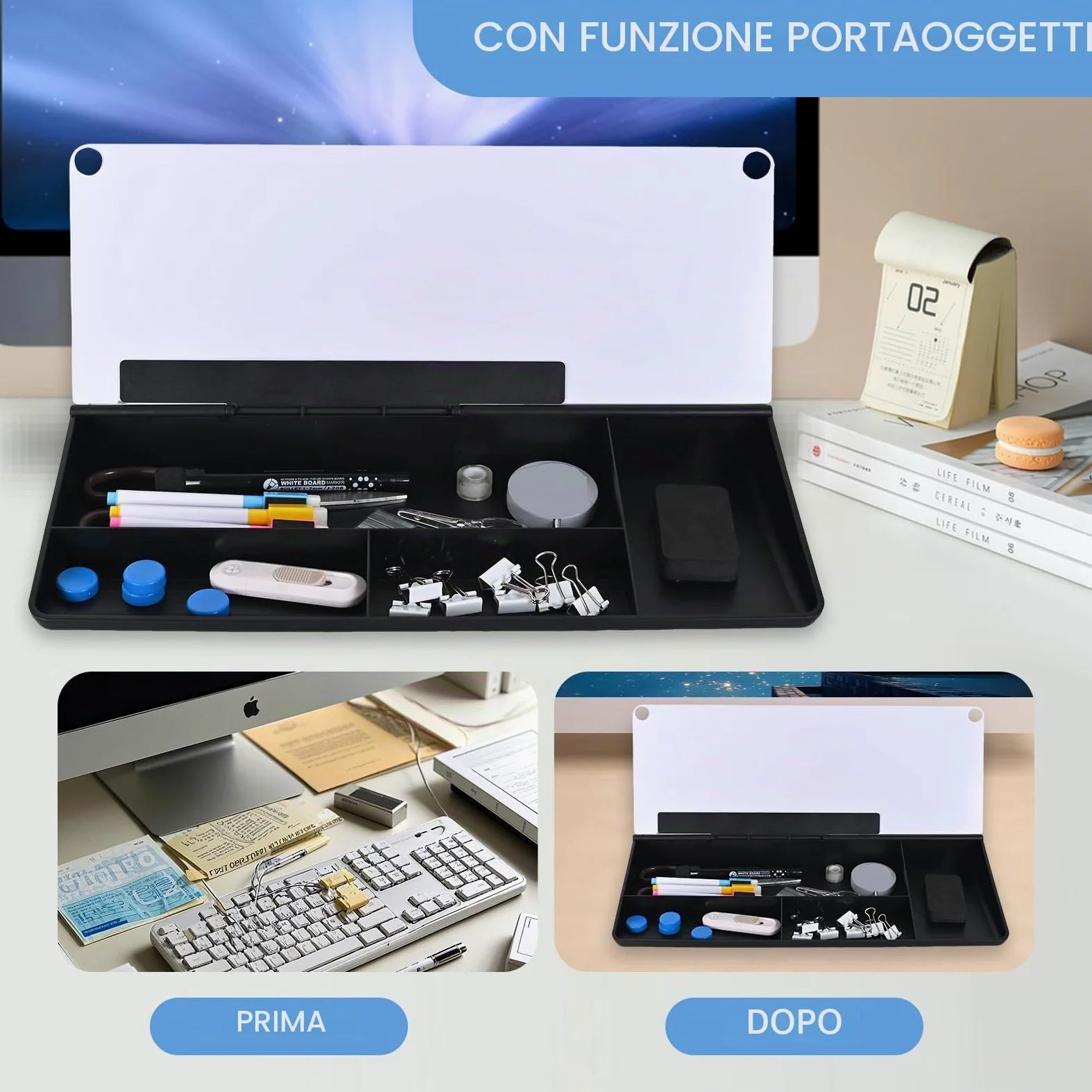 Hivexagon Lavagna bianca da scrivania con 4 scomparti, scomparto per telefono/tablet, lavagna magnetica e accessori