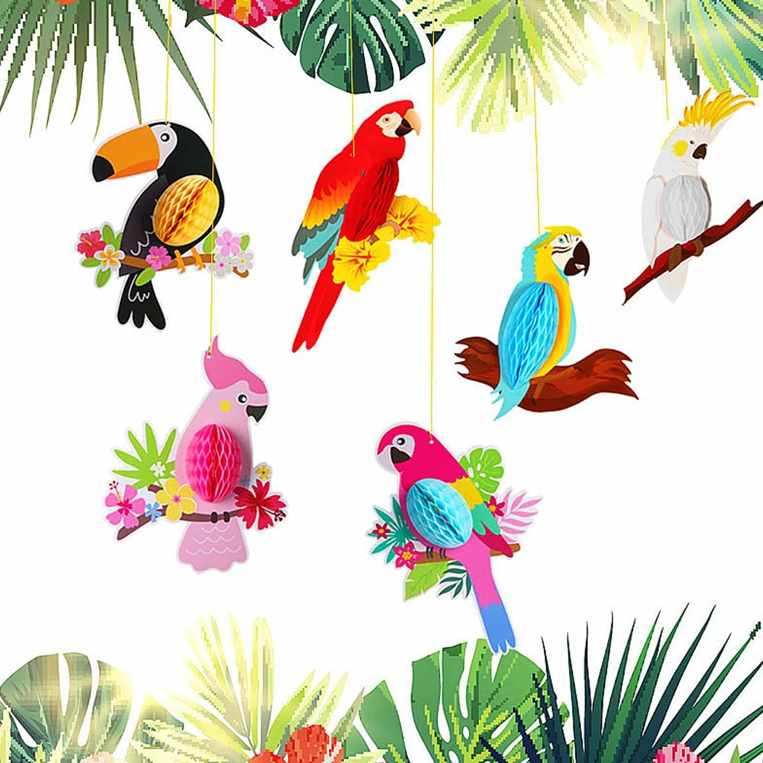JZK sagome di carta a nido d'ape a forma di pappagallo, decorazioni da appendere per feste hawaiane luau tiki