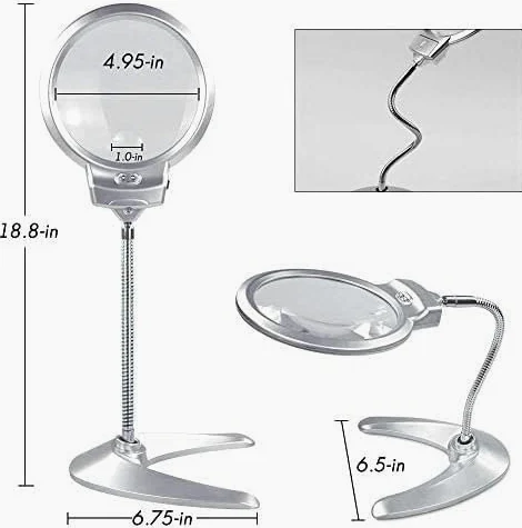 Lente d'ingrandimento da tavolo con luce LED e supporto, design pieghevole a mani libere per una lettura ravvicinata