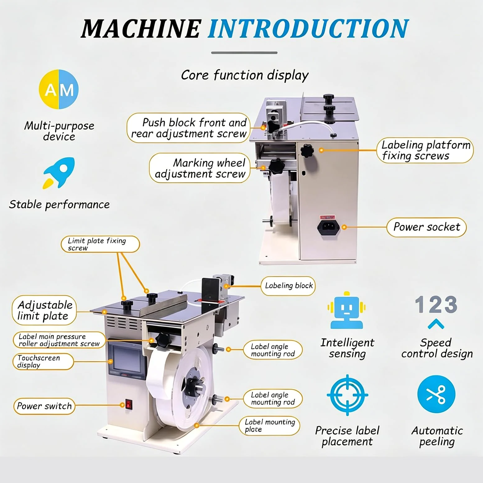 Etichettatrice automatica ad angolo retto, applicatore di etichette angolari da 200 W con regolazione di velocità e lunghezza, controllo touch screen, corpo in metallo resistente per attività di