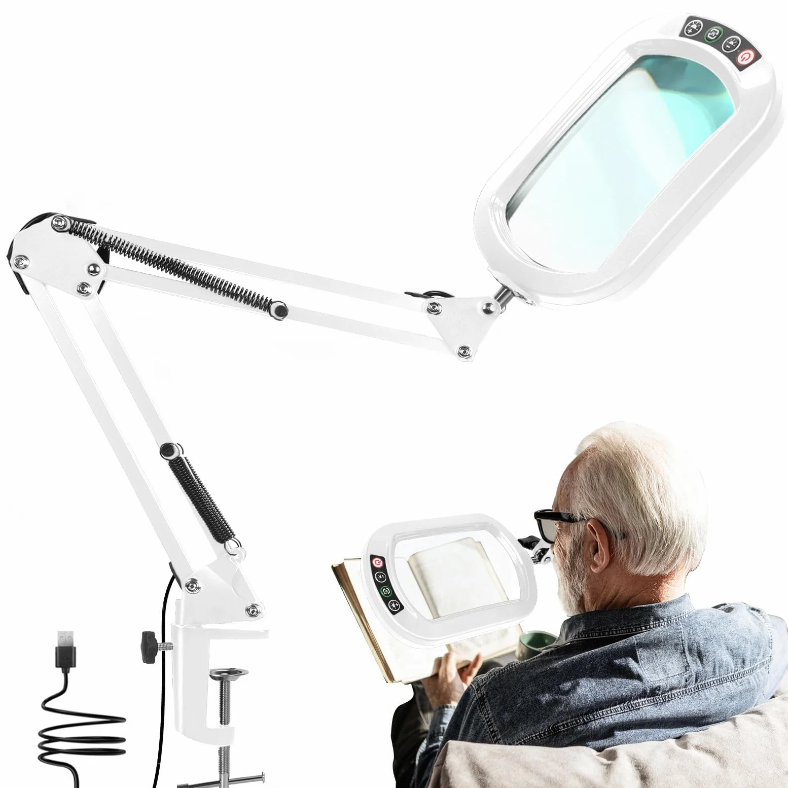 Lente d'ingrandimento quadrata 10X con luce e morsetto, lente d'ingrandimento in vero vetro illuminata a LED e supporto, 5 modalità di colore, dimmerabile continuamente, lampada da scrivania con