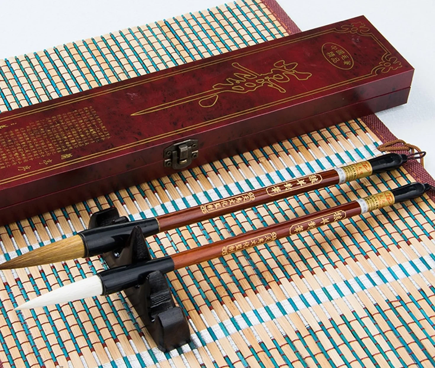 Set di 2 pennelli per calligrafia cinese, capelli naturali e lana, con custodia in legno 514320