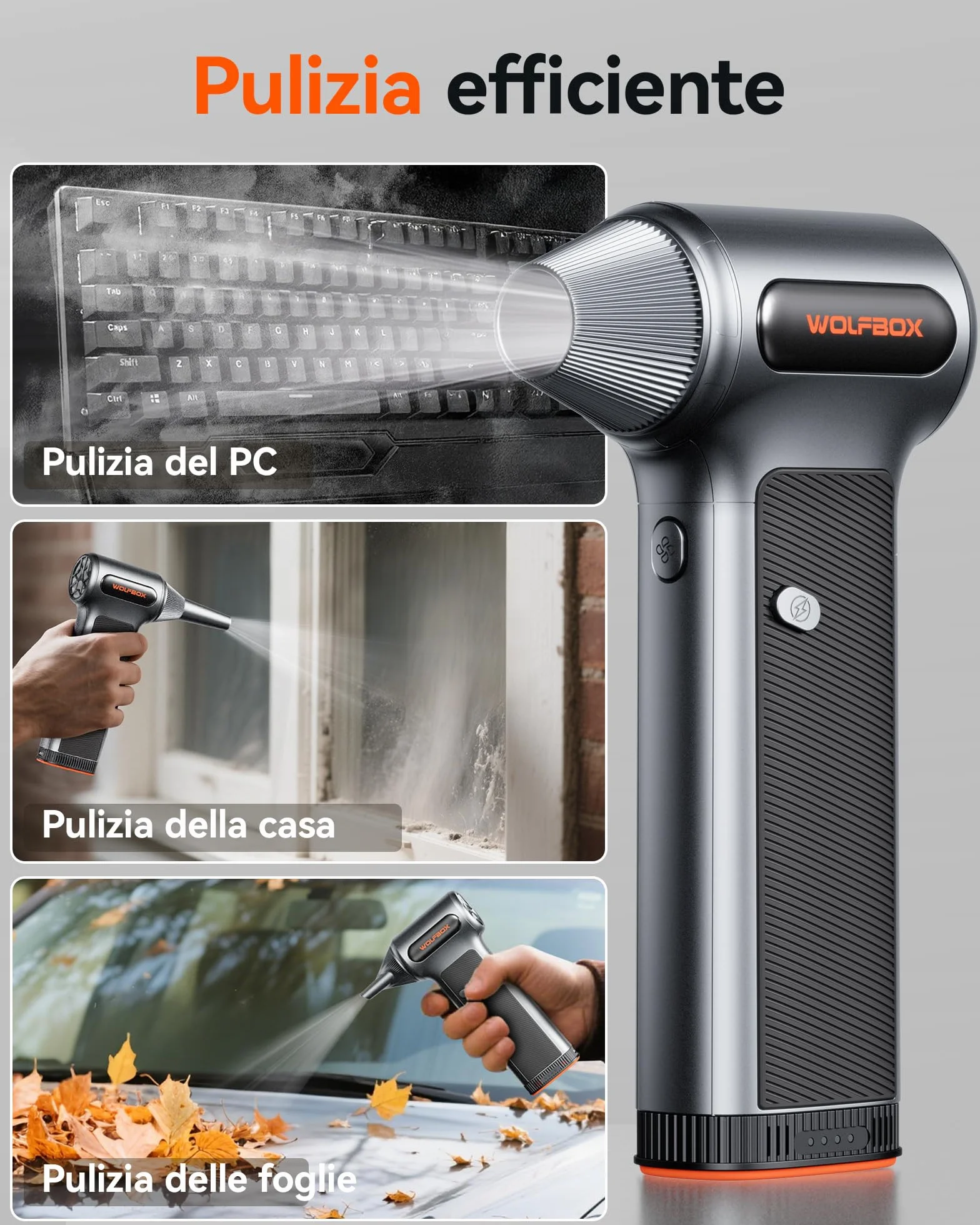WOLFBOX MF200 Soffiatore a Batteria con Batteria Rimovibile, Soffiatore Aria Compressa Elettrico Portatile 3 Velocità 87.5 m/s, Mini Soffiatore per Pulizia PC Tastiera Auto Casa, Air Duster 4 Ugelli