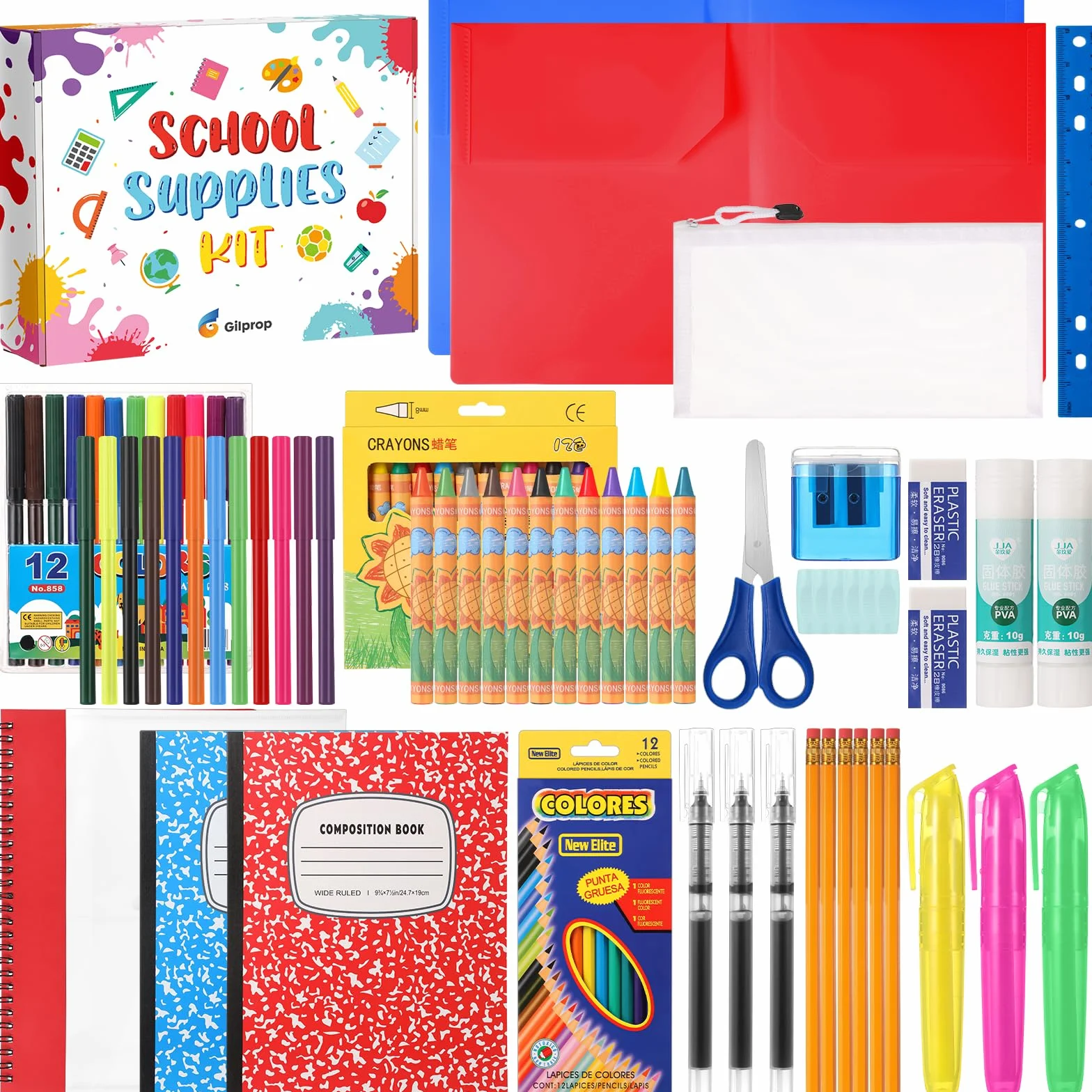 Gilprop 39 pezzi Back to Supplies Essentials Bundle include matite, forbici, righello, gomma, temperamatite, quaderno, astuccio, cartella notebook (multicolore)