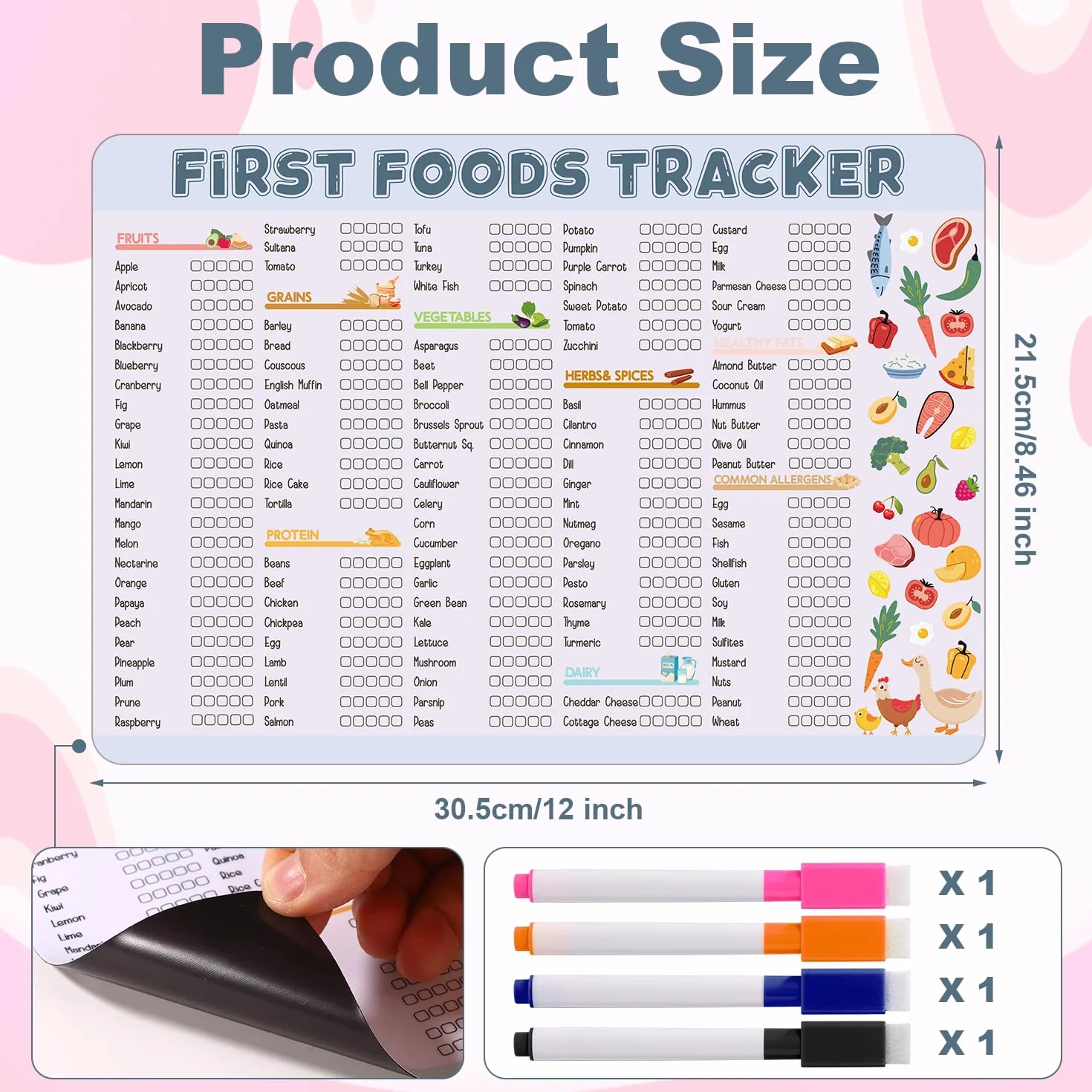 Baby's First Foods Tracker Magnetico 30,5x21,5cm Pianificatore Pasti per Svezzamento Guidato
