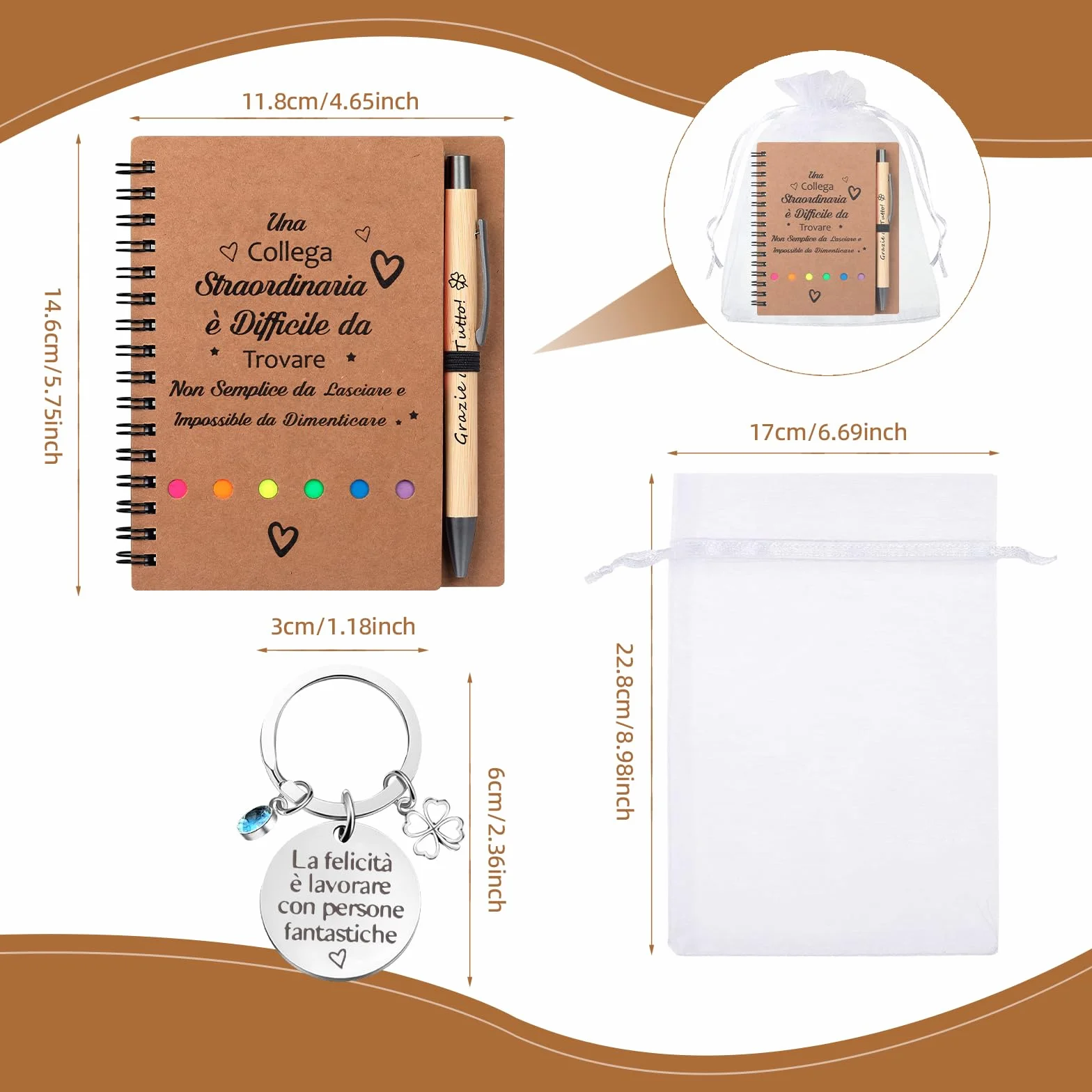 Set regalo 4 pezzi per colleghi: quaderno spirale, penna retrattile, portachiavi, sacchetto garza