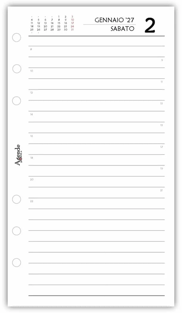 Agenda 2027 Organizer Giornaliera a Righe 9,5x17 cm 6 Fori Carta Bianca 80gr Bianco e Rosso