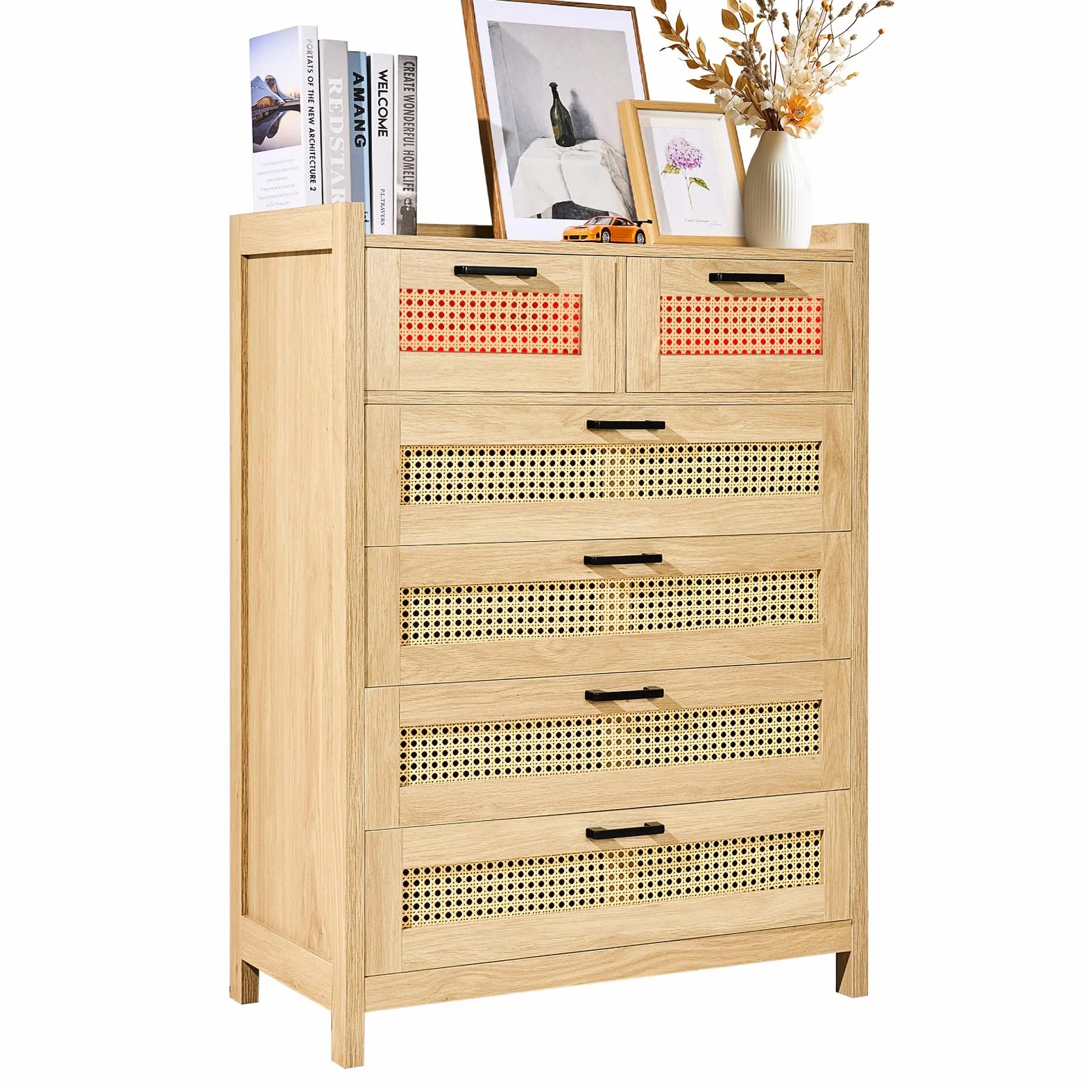 VEVOR Cassettiere in Rattan Naturale con 5 Cassetti, Moderna Cassettiera Armadio in Legno per Vestiti e Contenitori Boho con Maniglie e Gambe Robuste, per Camera da Letto Colore del Legno Naturale