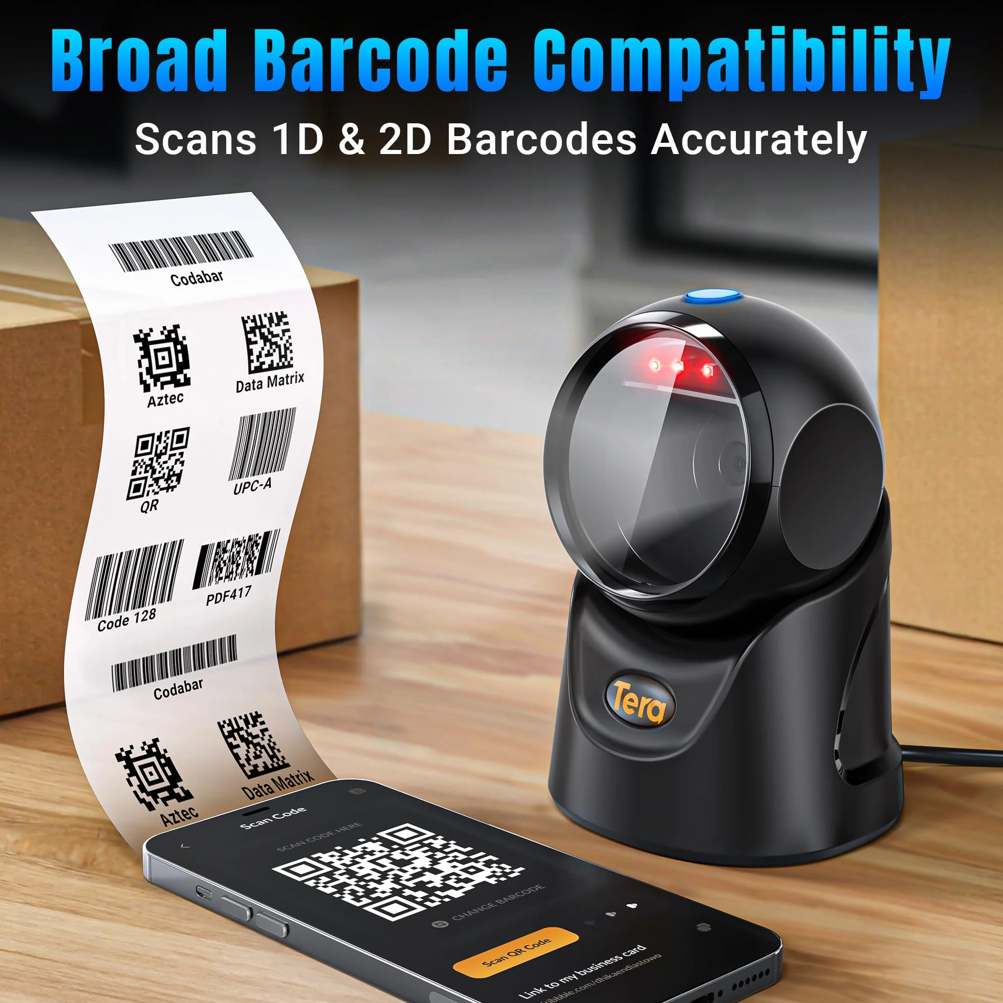 Tera Scanner Barcode 1D/2D QR da Banco Omnidirezionale USB Cablato Vivavoce Angolo Regolabile Plug & Play per POS Supermercato Magazzino Negozio Ospedale 9700