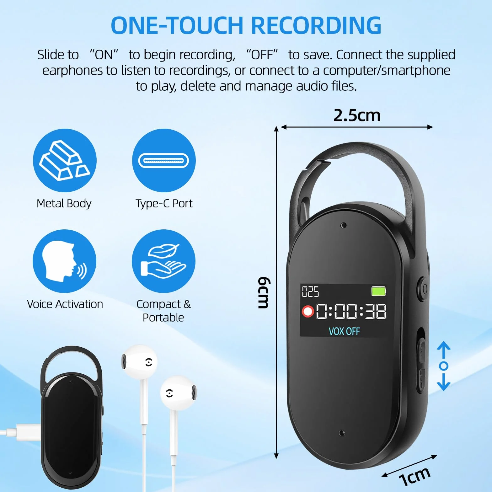 64GB Registratore Vocale - PortatileMini Registratore Audio Digitale Professionale Con Attivazione Vocale e MP3, Design a Portachiavi, AGC Riduzione del rumore, Lezioni, Riunioni, S29 (Black)