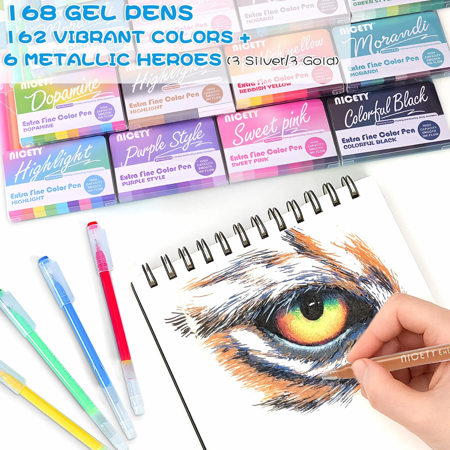 NICETY 168 Colori Gel Penne a Sfera Neutre, Alta Capacità, 0,5 mm, Trasparente, per Artisti e Studenti, Disegno, Pittura, Rientro Scuola, Regali