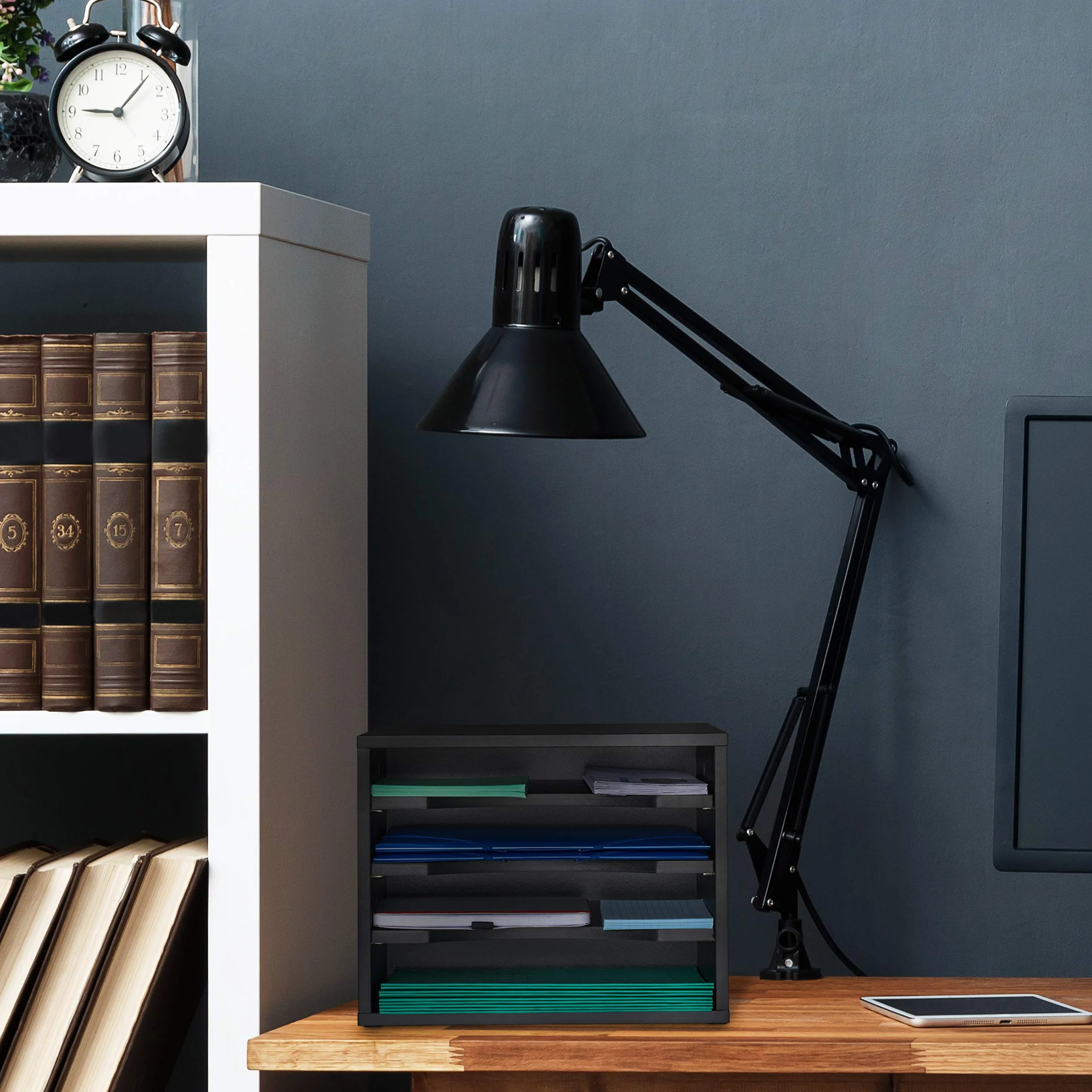 Relaxdays Portaoggetti Scrivania Portadocumenti, 4 Scomparti A4, Organizer per Lettere & Documenti, 28x35,5x25 cm, Nero