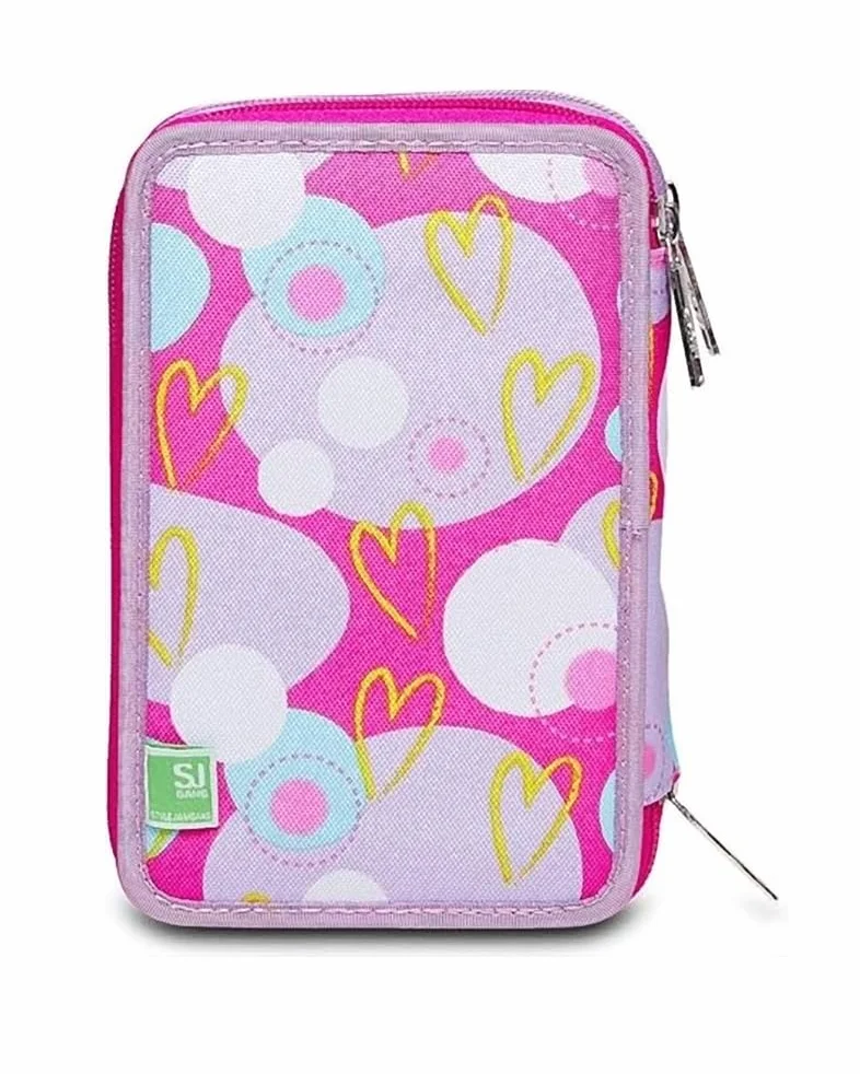 Astuccio Scuola 3 Zip Heart Lolly Rosa Portapenne Triplo Scomparto Completo
