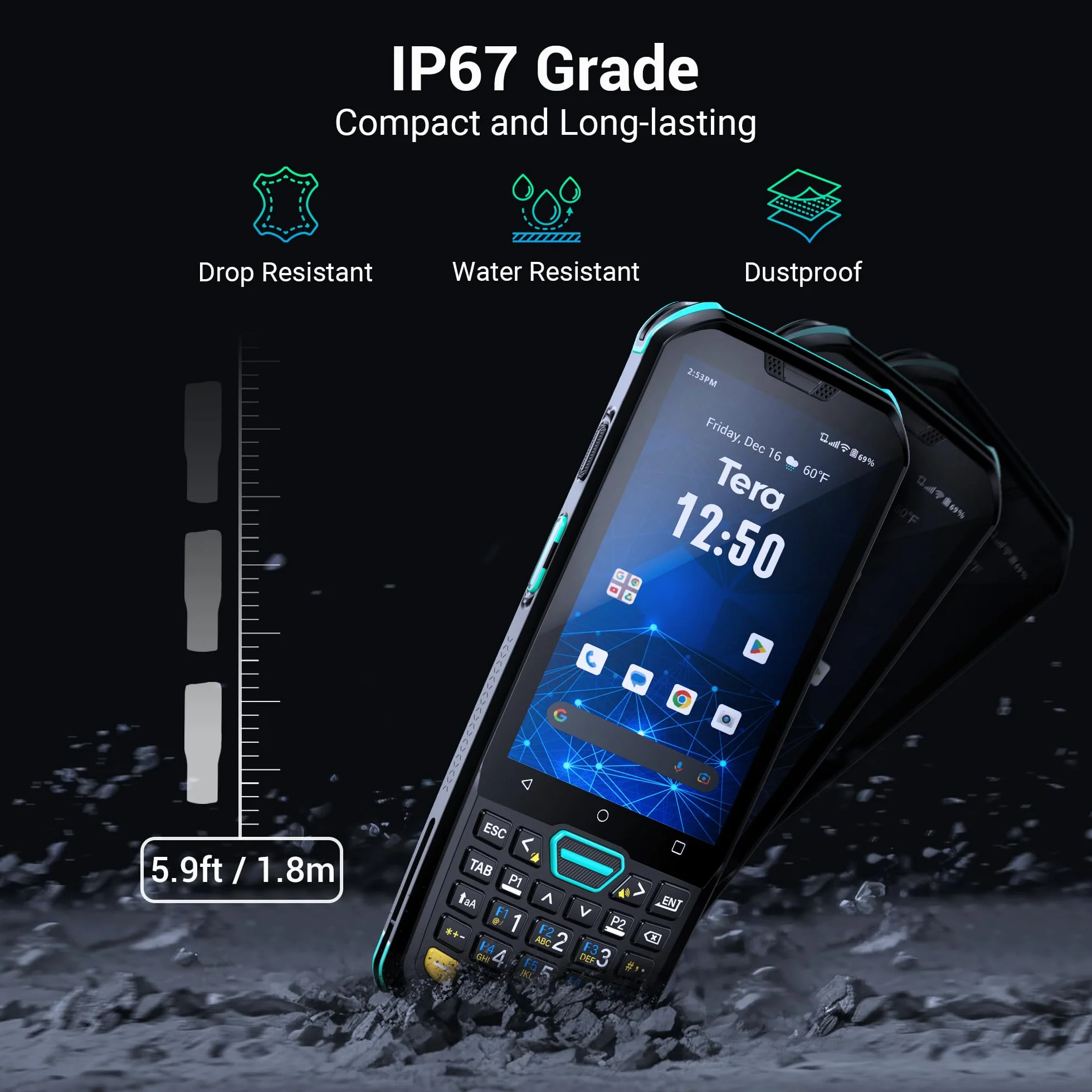 Tera Android 11 Scanner codici a barre con 26 tasti HS7 Motore di scansione IP67 robusto 4+64GB 5100mAh Batteria QC 3.0 Ricarica Rapida 4" Touch Screen Terminale Mobile per Scanner Inventario Modello
