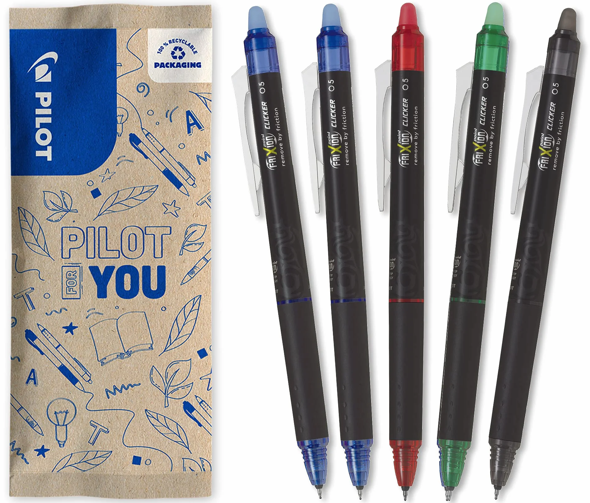 PILOT Set 5 FriXion Point Clicker Penne Cancellabili Gel Roller Ricaricabili Punta Fine