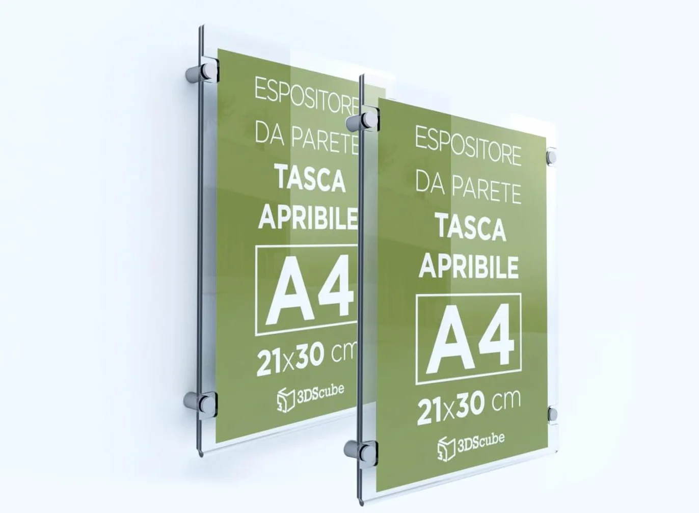 N.2 PEZZI Targa in plexiglass da parete a tasca apribile, porta avvisi e depliant formato A4 verticale 21×30 cm, completa di distanziali in alluminio (2 pezzi)