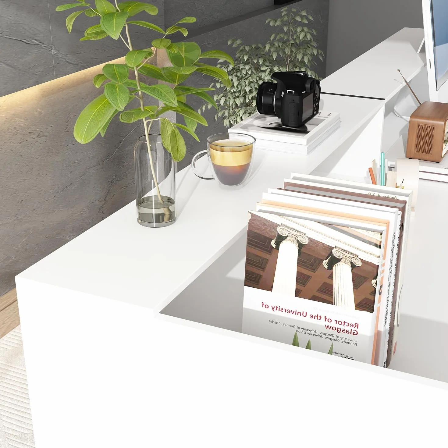 Grande bancone di ricezione con grande superficie di lavoro, casse di ricevimento, banco di reception, bancone negozio, banco di vendita, mobile reception, bianco, MDF, 220 cm x 60 cm x 100 cm